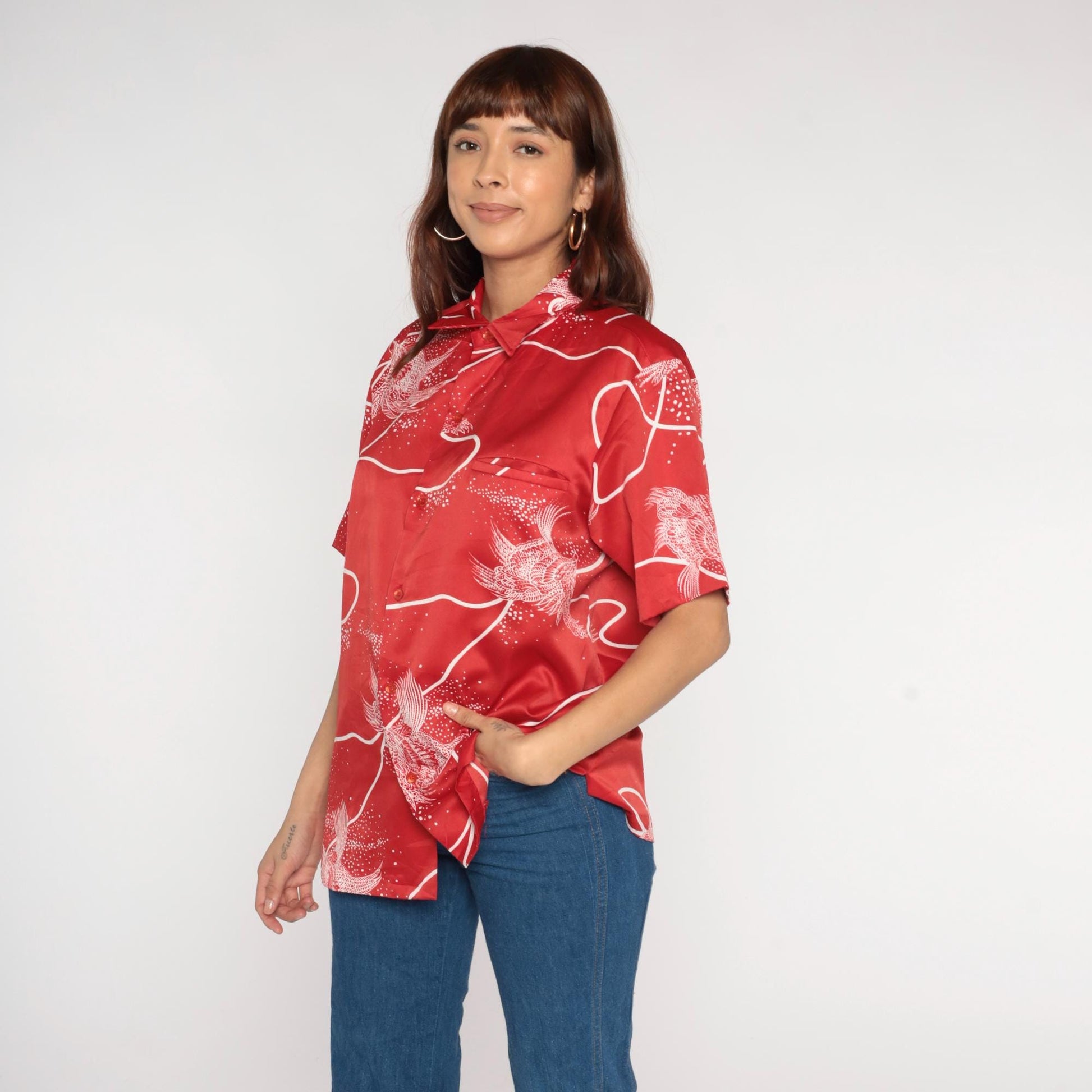 70s Tori Richard Red Koi Fish Hawaiian Shirt Button Front Large L
