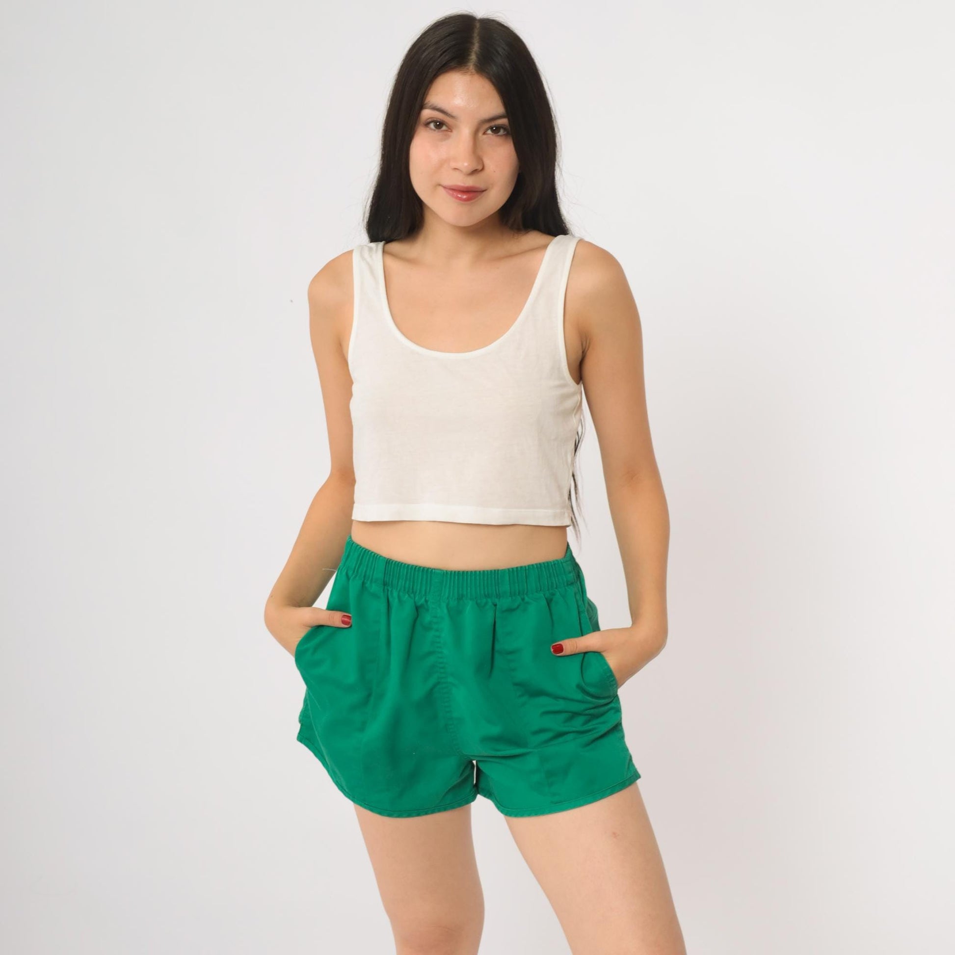 80s Lands End Green Athletic Shorts High Waist Running Gym Small S