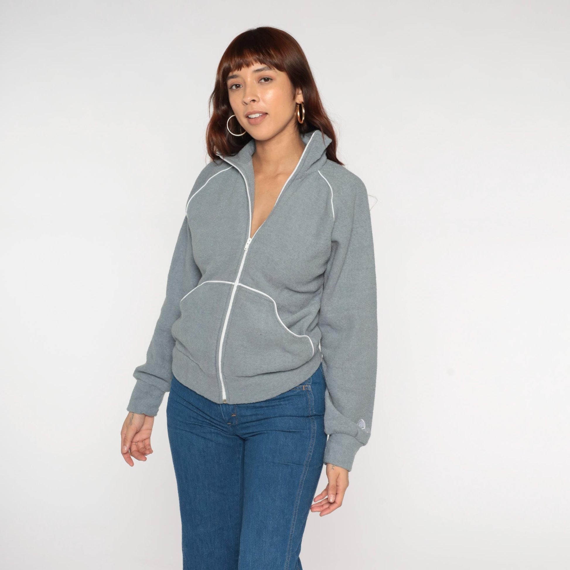 80s Jaguar Grey Zip-Up Sweatshirt White Piping Collar Small S