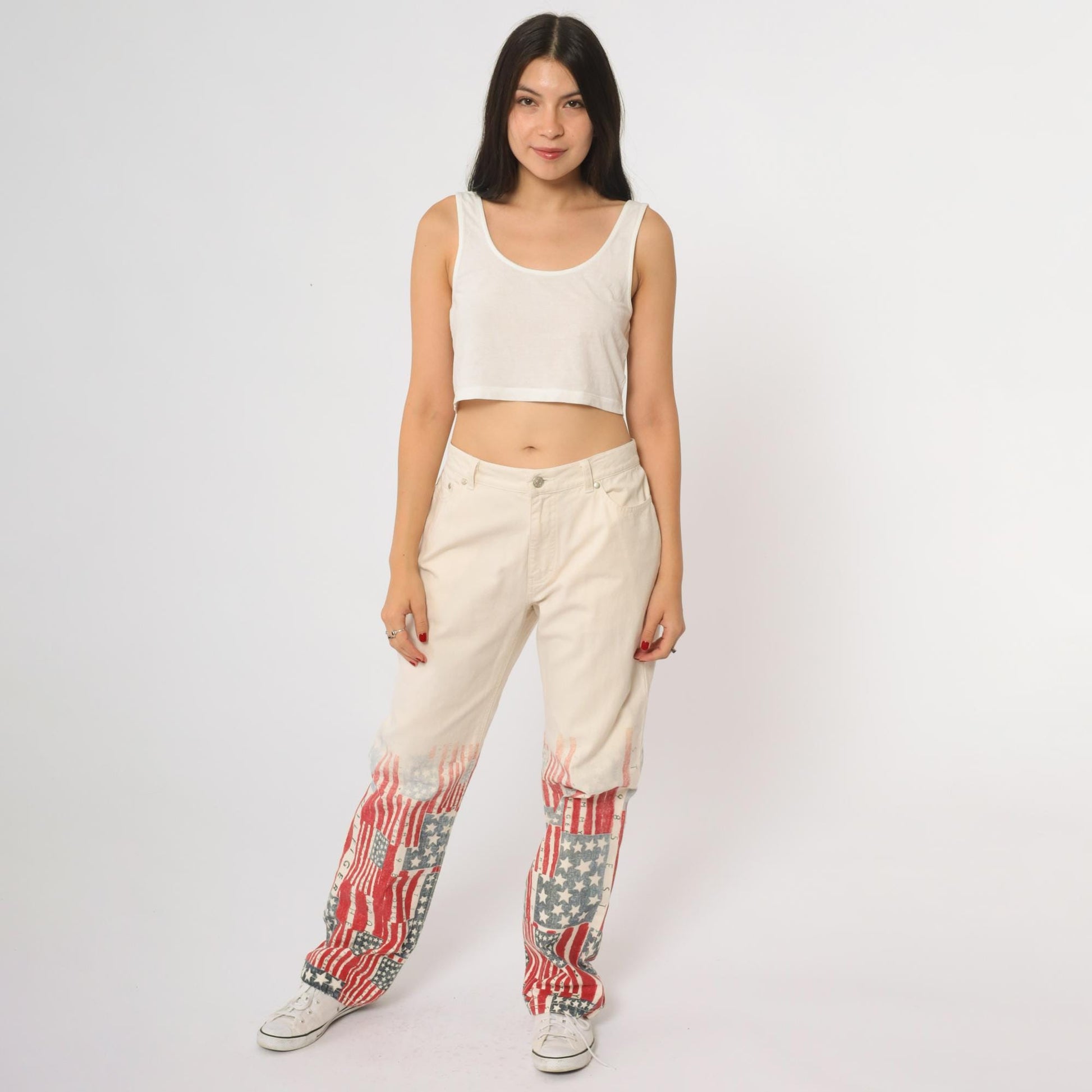 Y2K Tommy Hilfiger Flag Print Denim Jeans Off-White Distressed Wide Leg Size 10