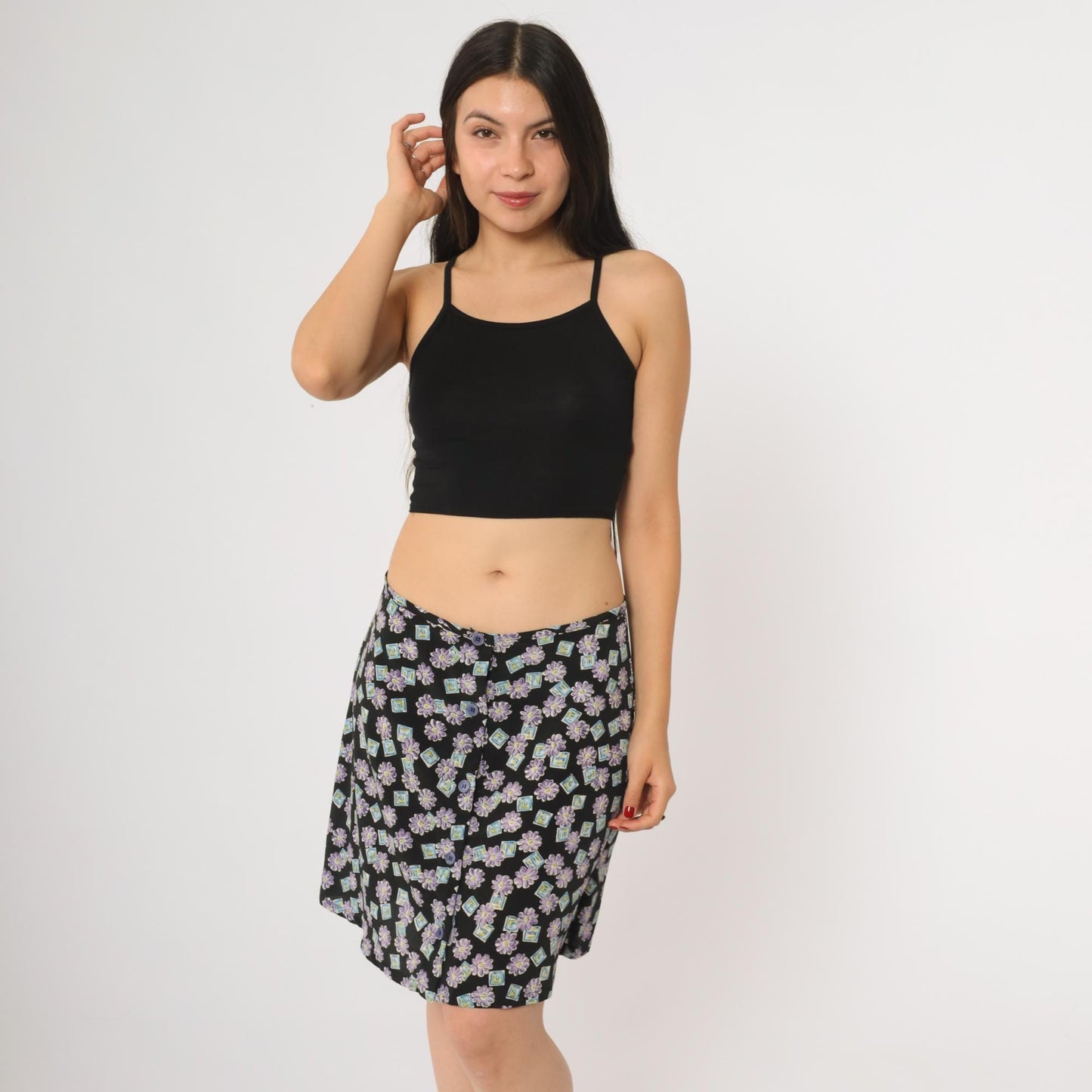 90s My Michelle Floral Mini Skirt Black Purple Daisy Button Front Size 11