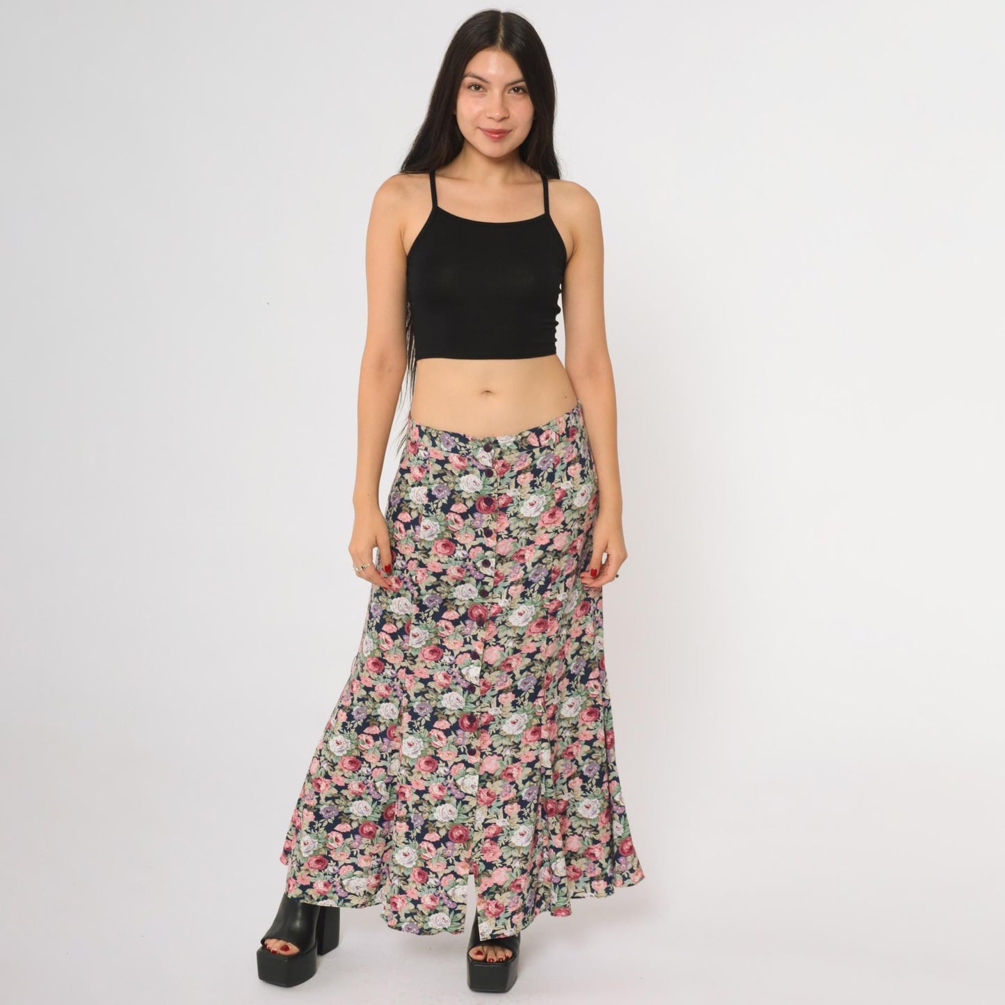 90s Navy Floral Maxi Skirt Button Front Rose Print Long Large L