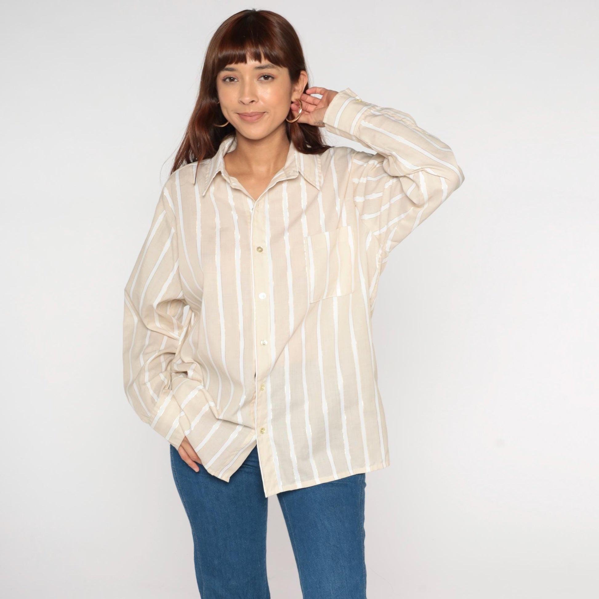 70s Beige Striped Button-Front Shirt Long Sleeve Chest Pocket Extra Large