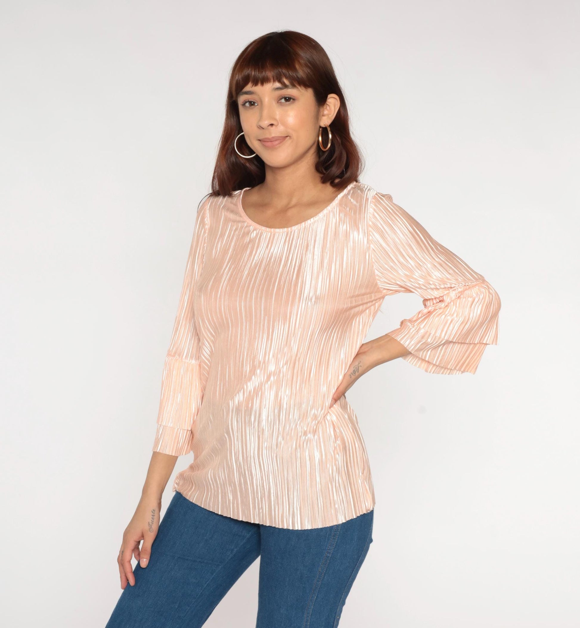 80s Pink Metallic Pleated Blouse Long Sleeve Ruffle Bell Cuffs Medium