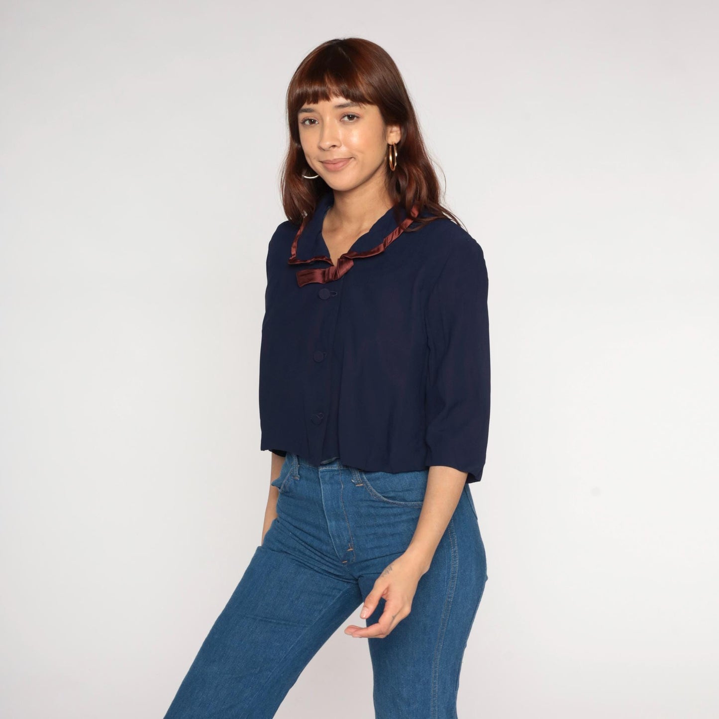 60s Puritan Forever Young Navy Blouse Rust Satin Collar Cropped Medium Large