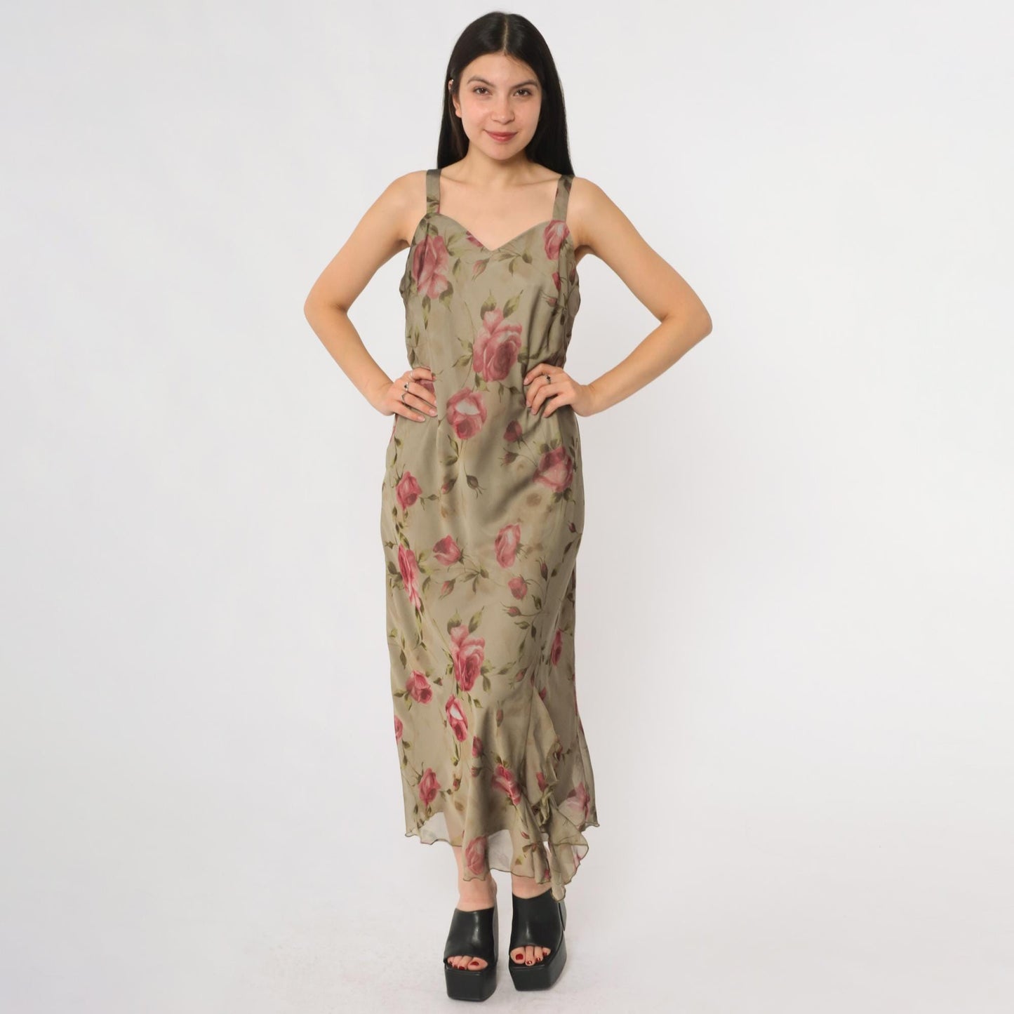 90s R & M Richards Floral Maxi Dress Sage Green Pink Rose Print Petite 8P
