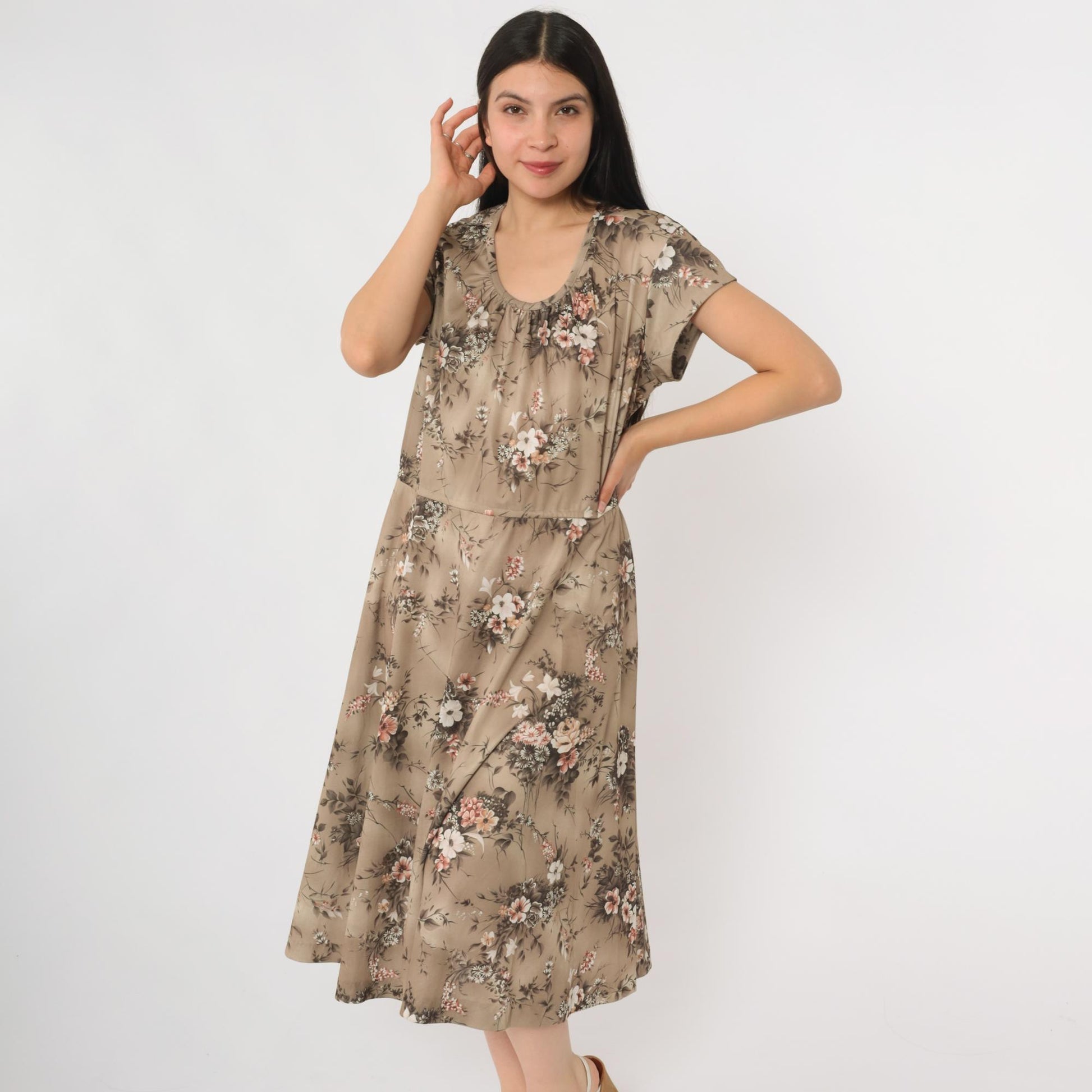 70s Floral Midi Day Dress Beige Taupe Multicolor Print Short Sleeve Large L