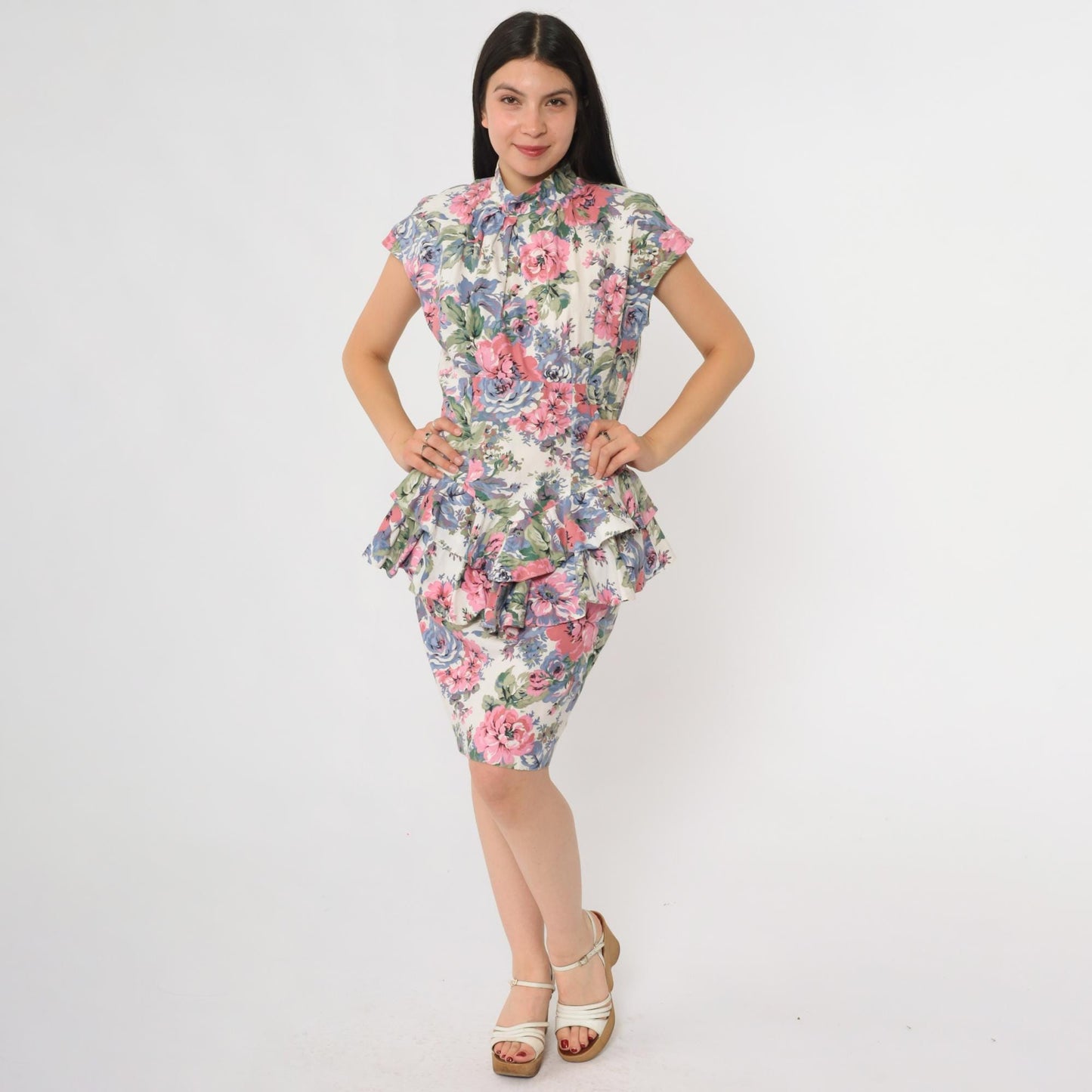 90s Teal Floral Mini Dress Button Front High Neck Flutter Sleeve Small