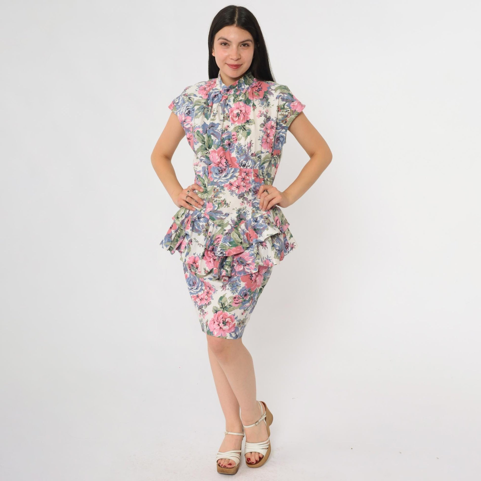 90s Teal Floral Mini Dress Button Front High Neck Flutter Sleeve Small