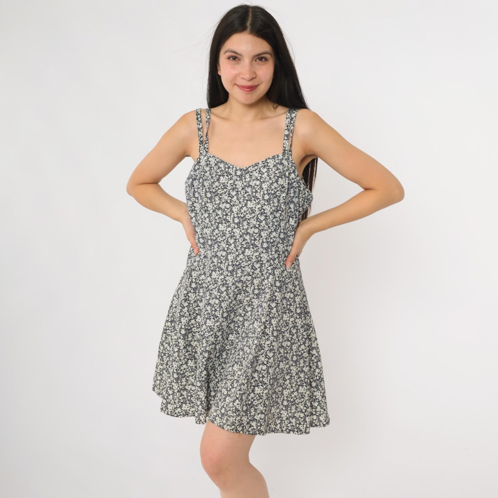 90s Navy Floral Mini Sundress Double Strap Sweetheart Neckline Small S
