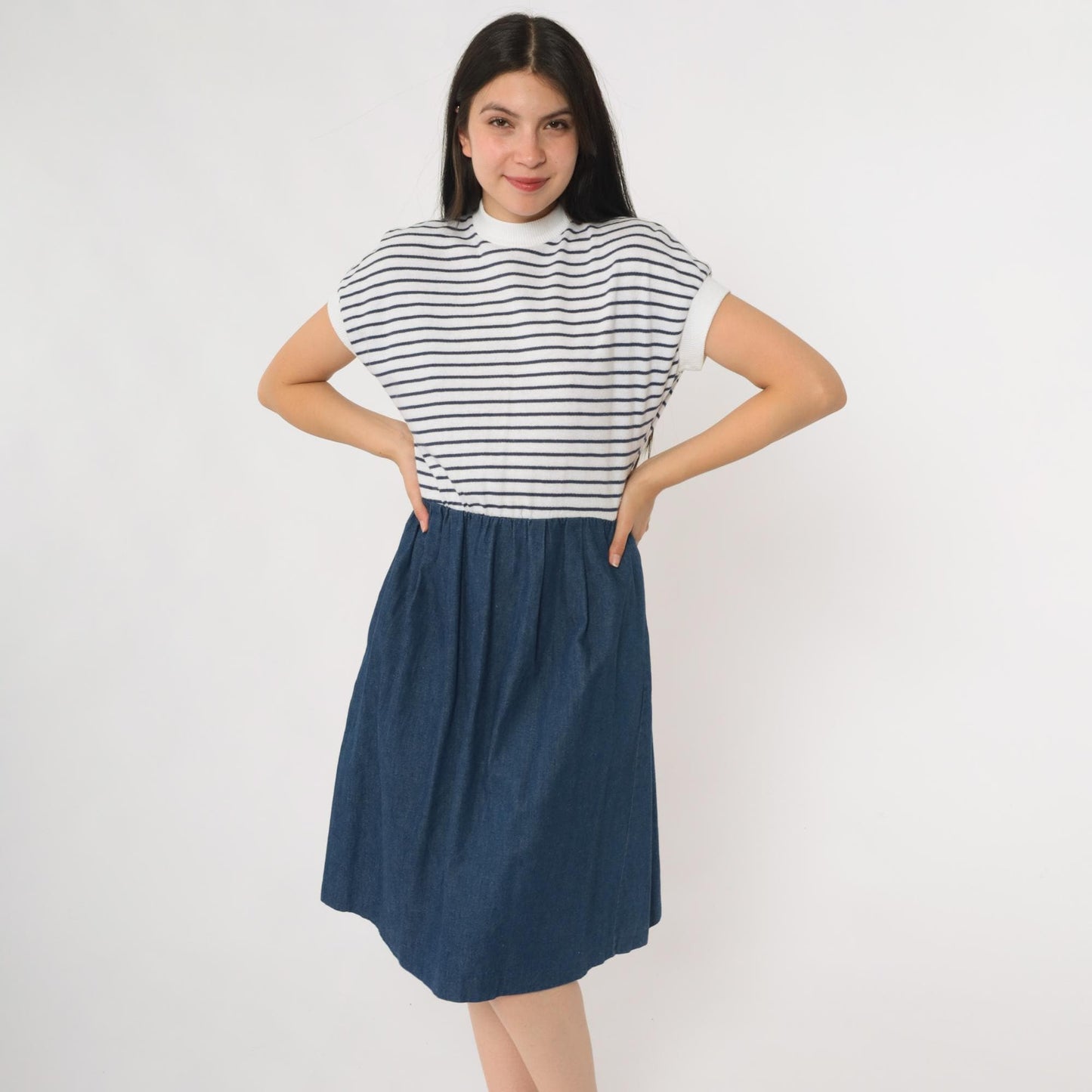 80s Nautical Striped Knit Denim Midi Dress Mock Neck White Navy Small