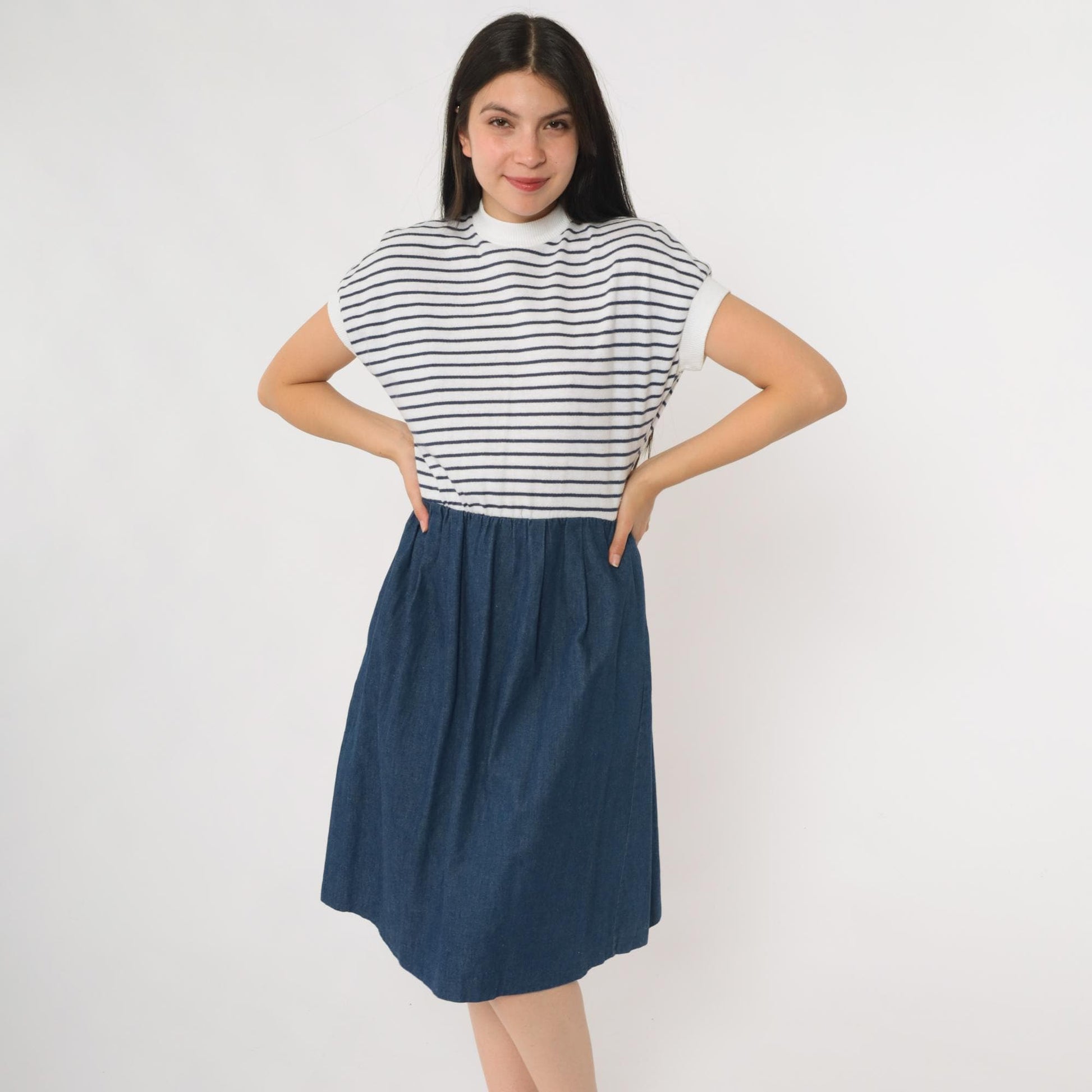 80s Nautical Striped Knit Denim Midi Dress Mock Neck White Navy Small