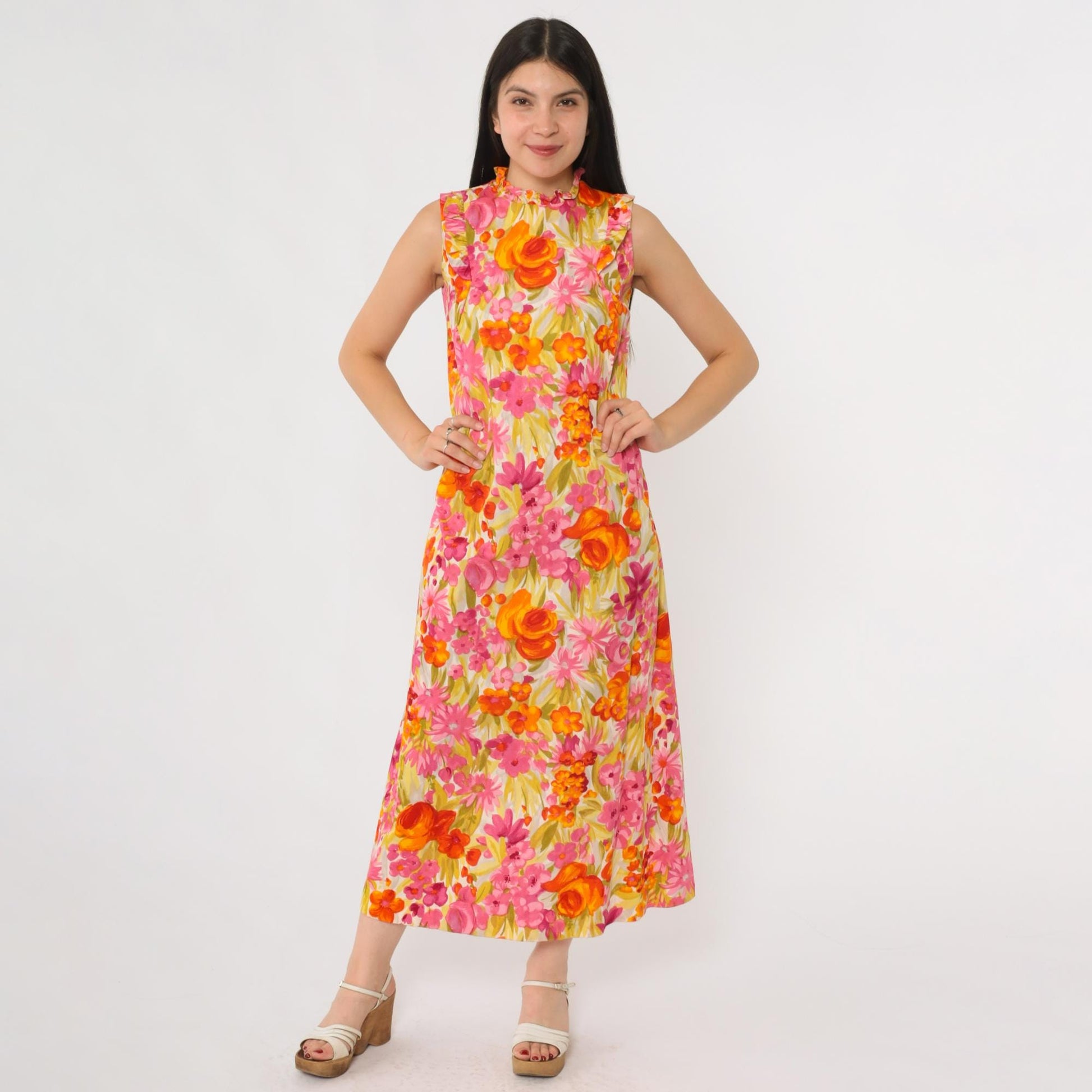 70s McInerny Honolulu Hawaiian Maxi Dress Tropical Floral Barkcloth Small