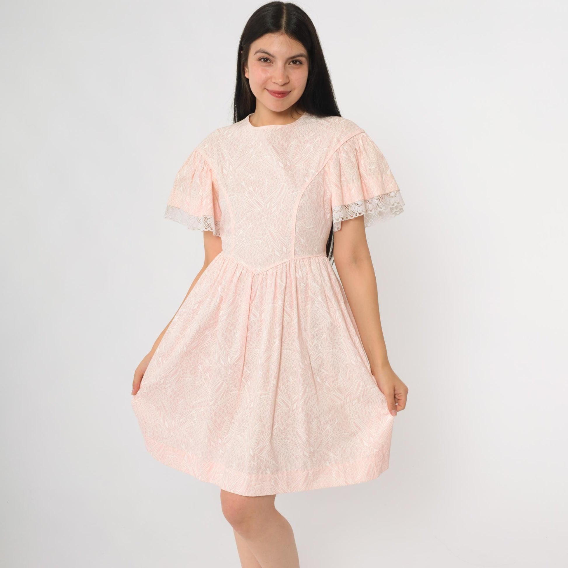 80s Pink Mini Dress White Leaf Print Flutter Sleeve Babydoll Tie Back Small S