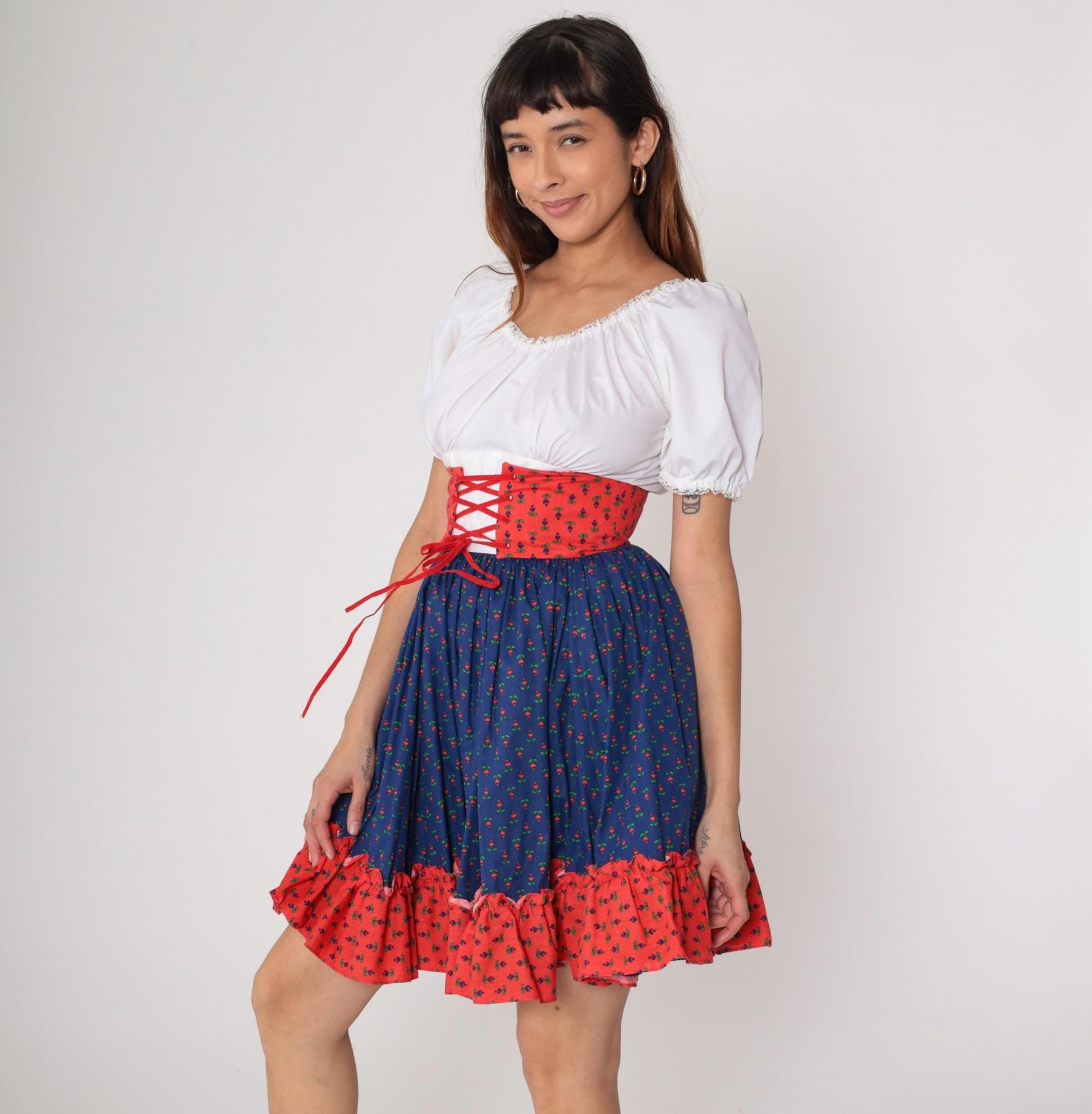 70s Folk Dirndl Dress Blue Floral White Puff Sleeve Red Corset Extra Small