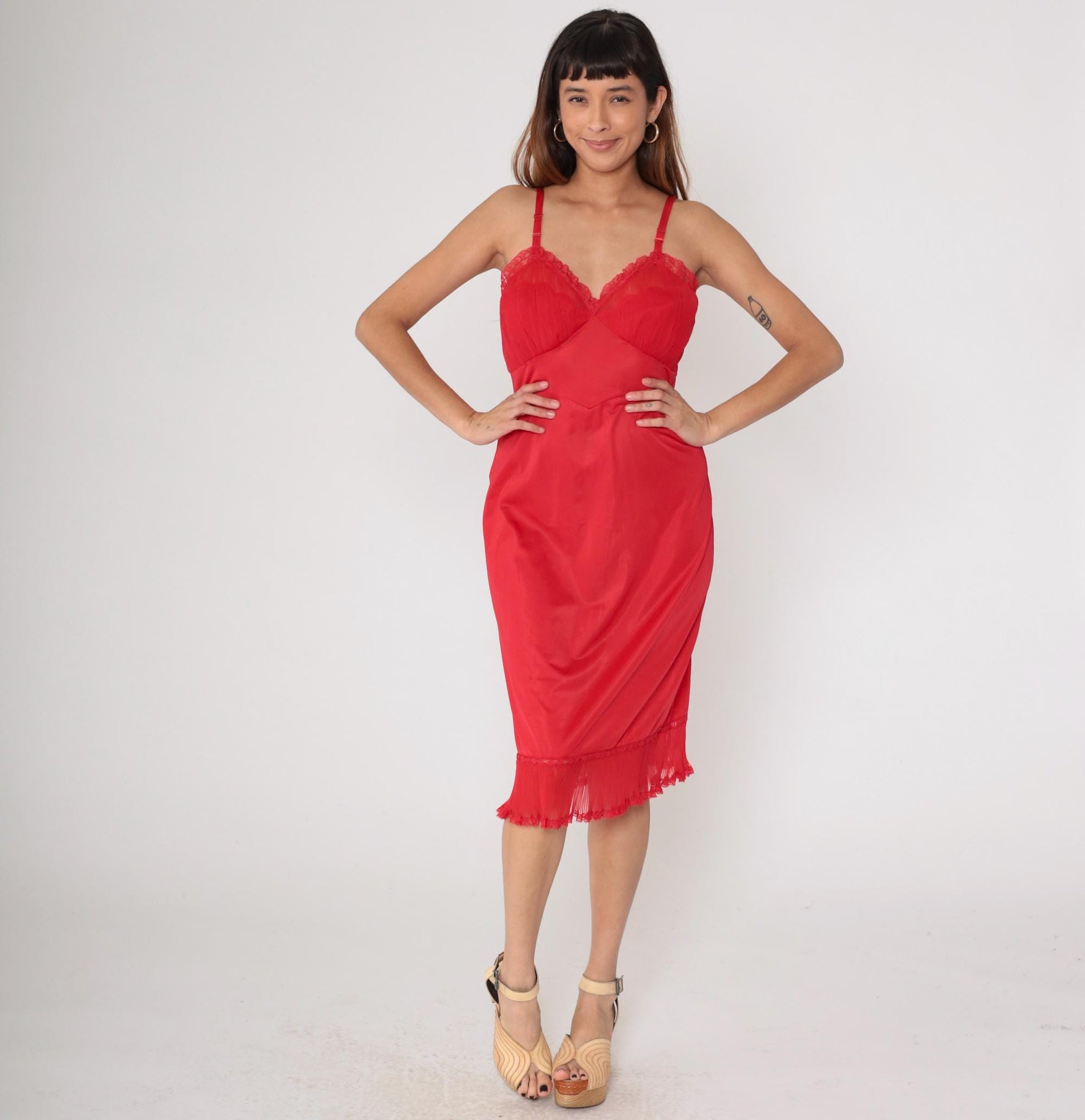 70s Shadowline Red Nylon Slip Dress Lace Trim Midi Spaghetti Strap Medium