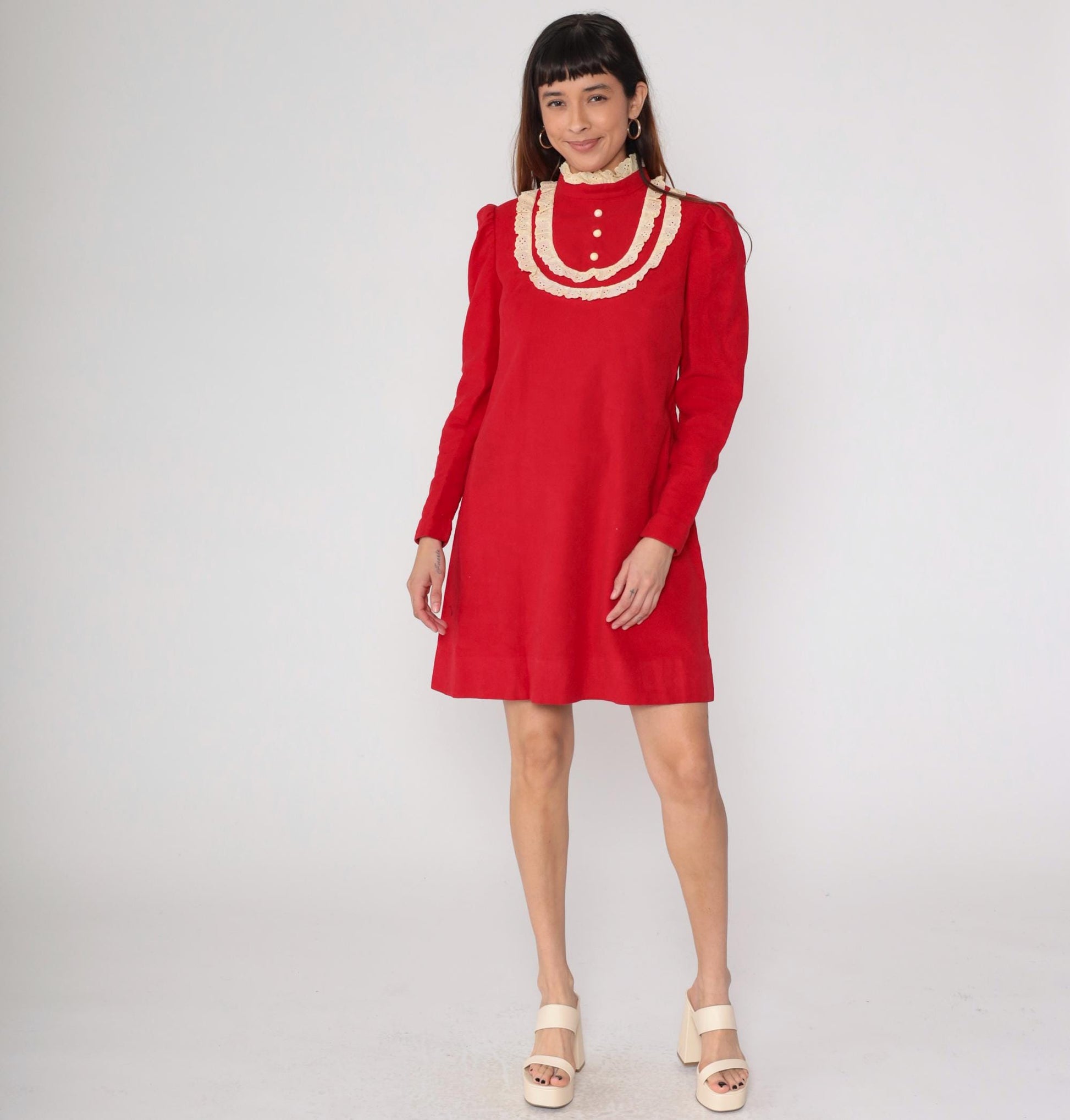 1960s Red Velour Mini Dress Eyelet Lace Puff Sleeve Small