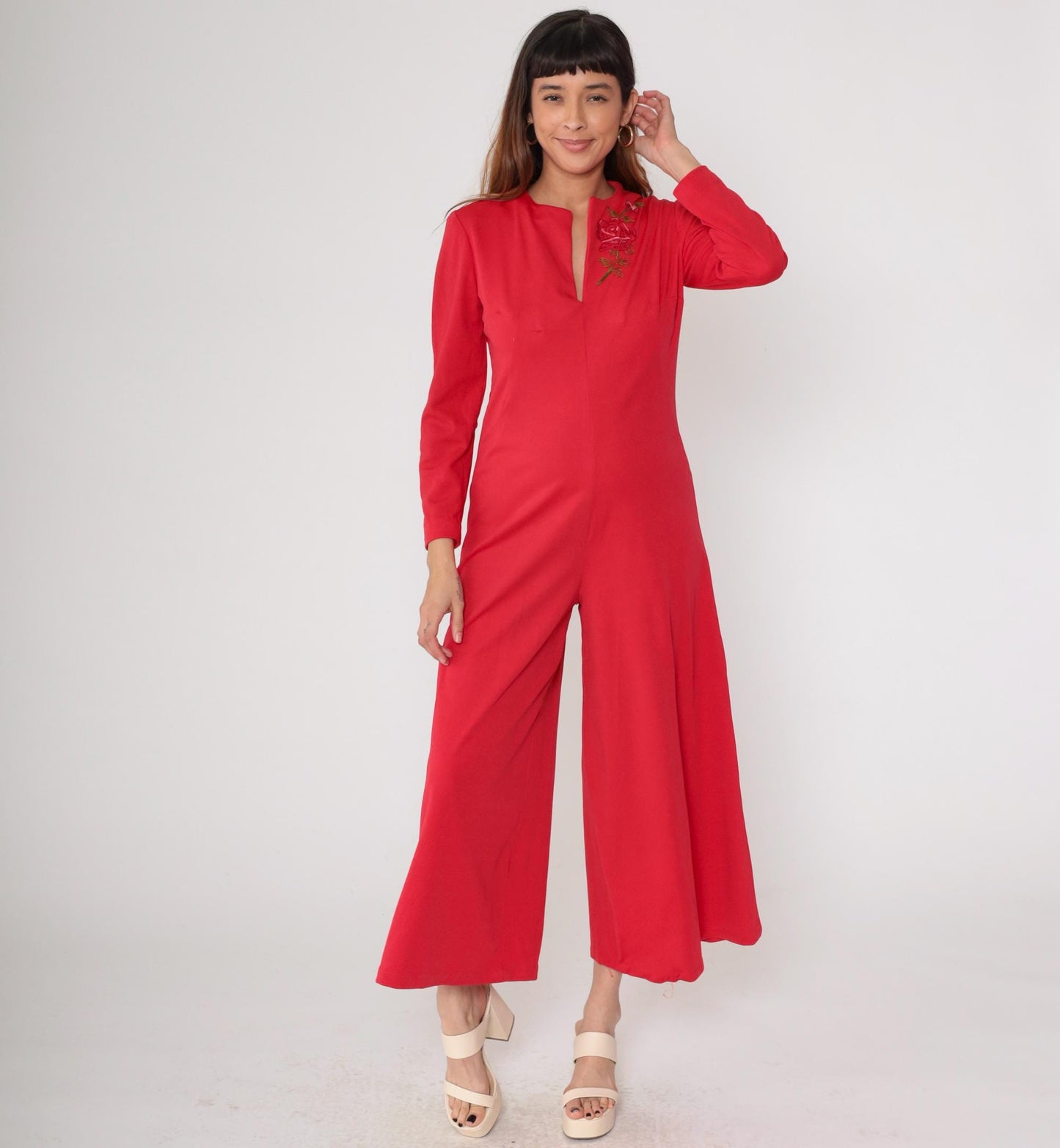 70s Red Jumpsuit Rose Embroidered Wide Leg V-Neck Long Sleeve Medium