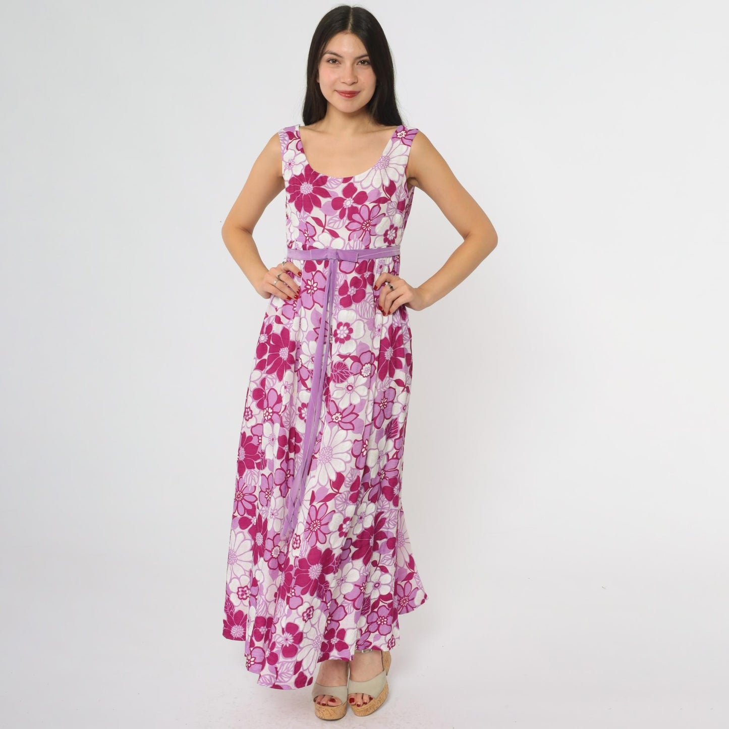 70s Floral Maxi Dress Pink Purple Daisy Print Sleeveless Small