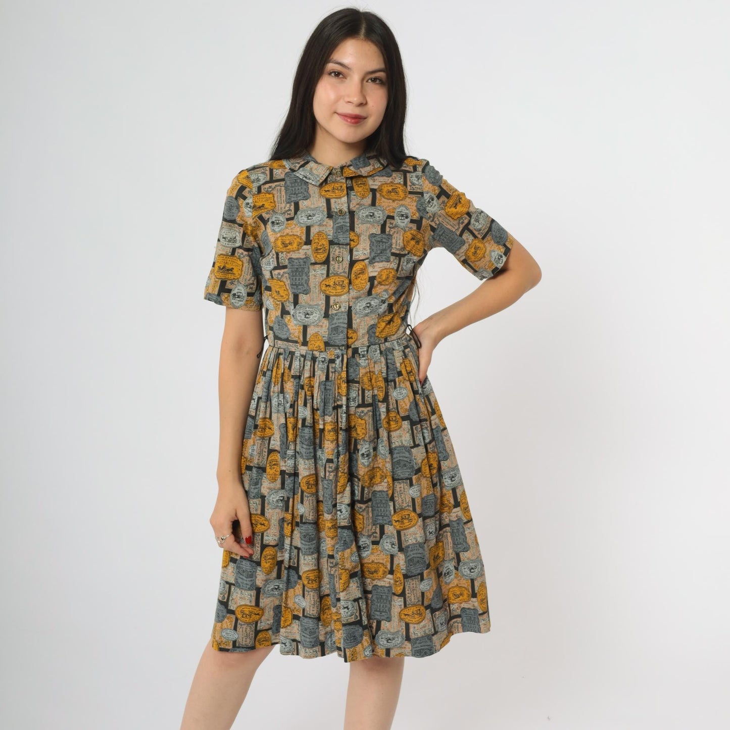 60s Novelty Advertisement Print Dress Yellow Grey Collar Button Front Knee Length Extra Small XS