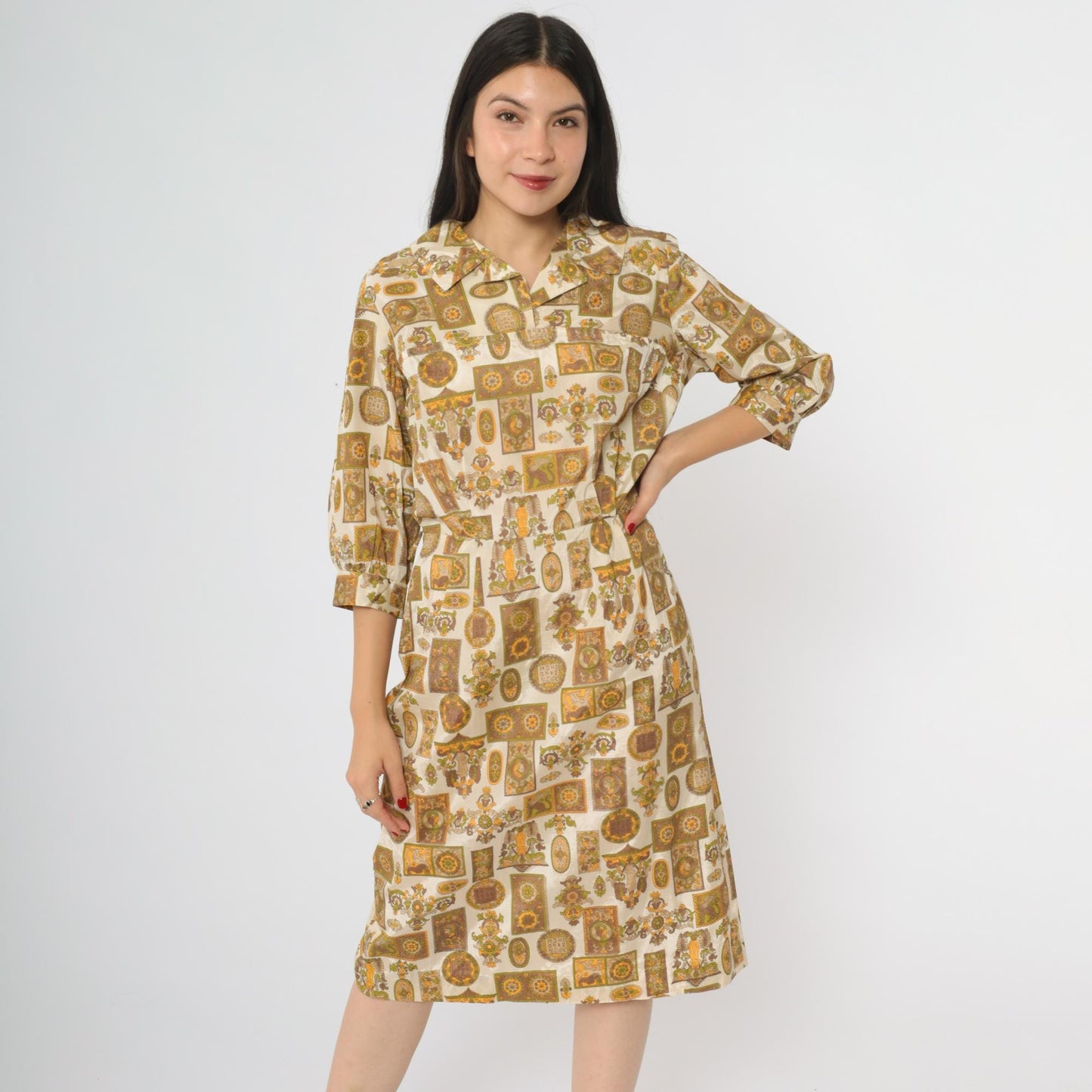 60s Medallion Print Dress Quarter Sleeve Collar Button Midi A-Line Brown Orange Large L