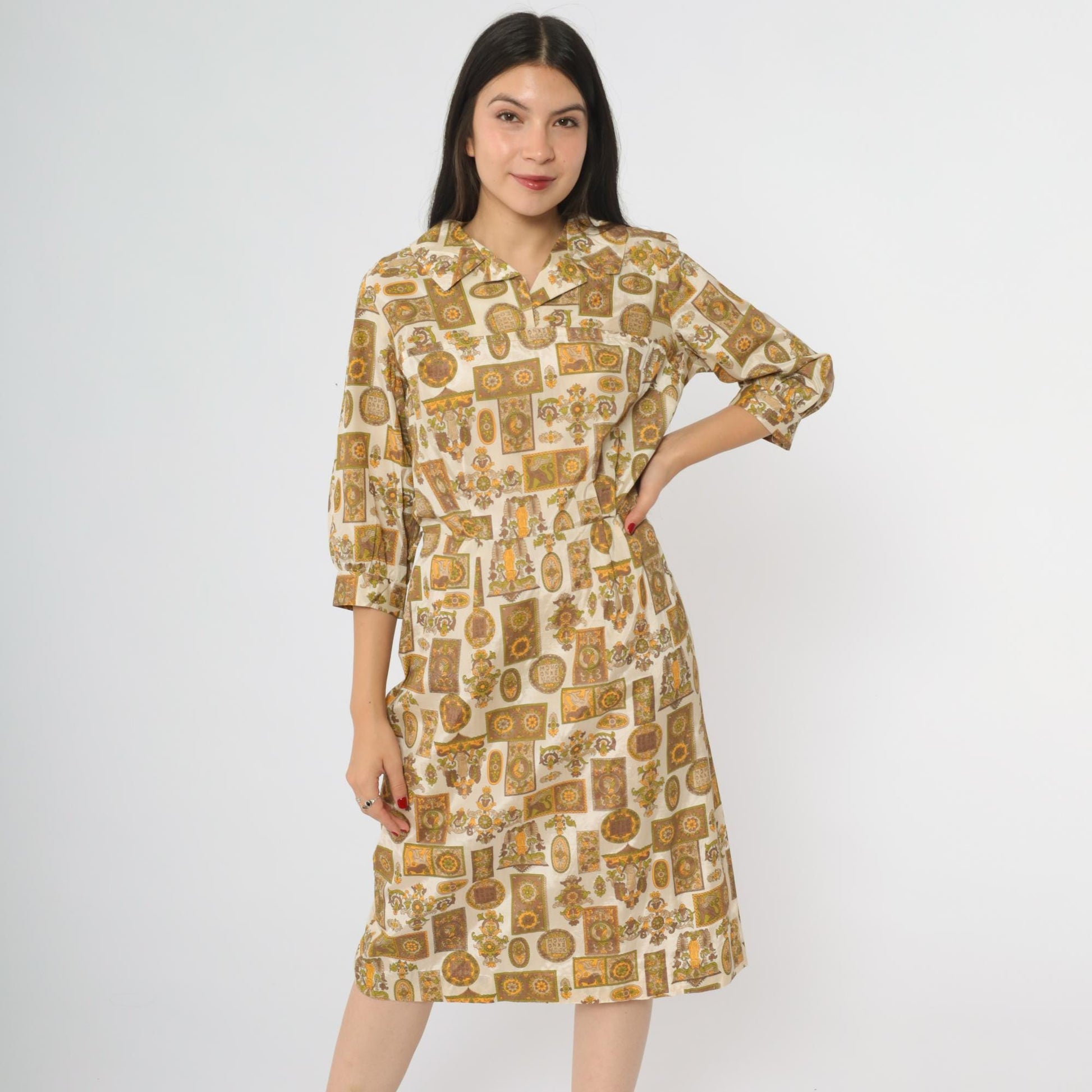 60s Medallion Print Dress Quarter Sleeve Collar Button Midi A-Line Brown Orange Large L