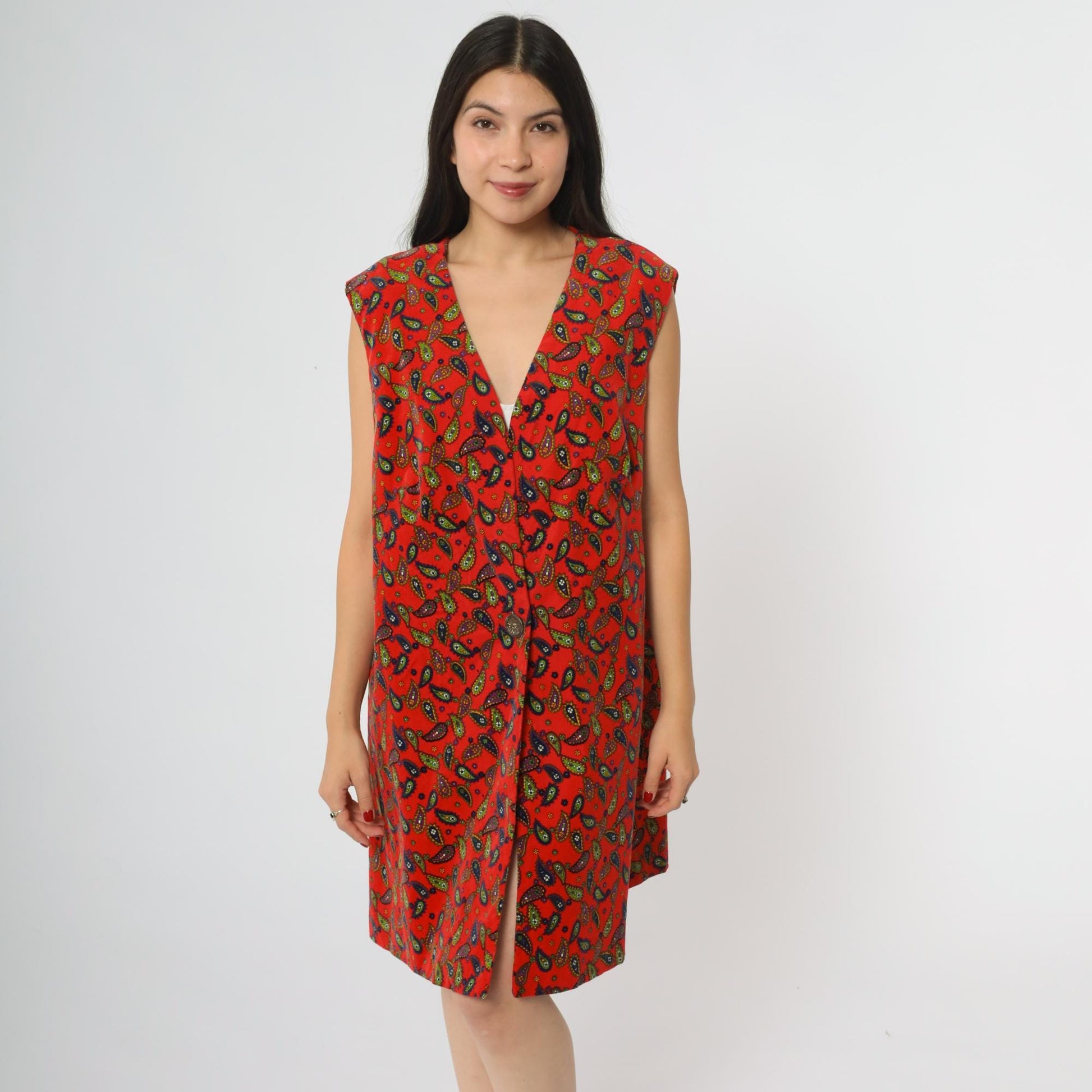 60s Red Paisley Mini Dress Deep V Sleeveless A-Line Shift Extra Large