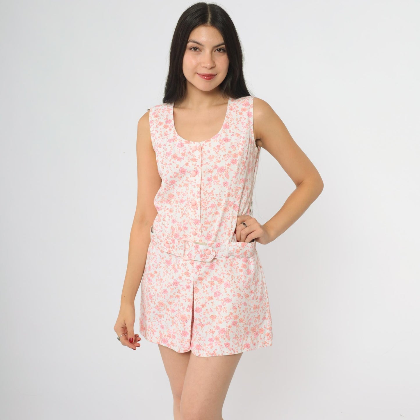 60s Pink Floral Romper Sleeveless Button Front Tie Belt Mini Playsuit Small