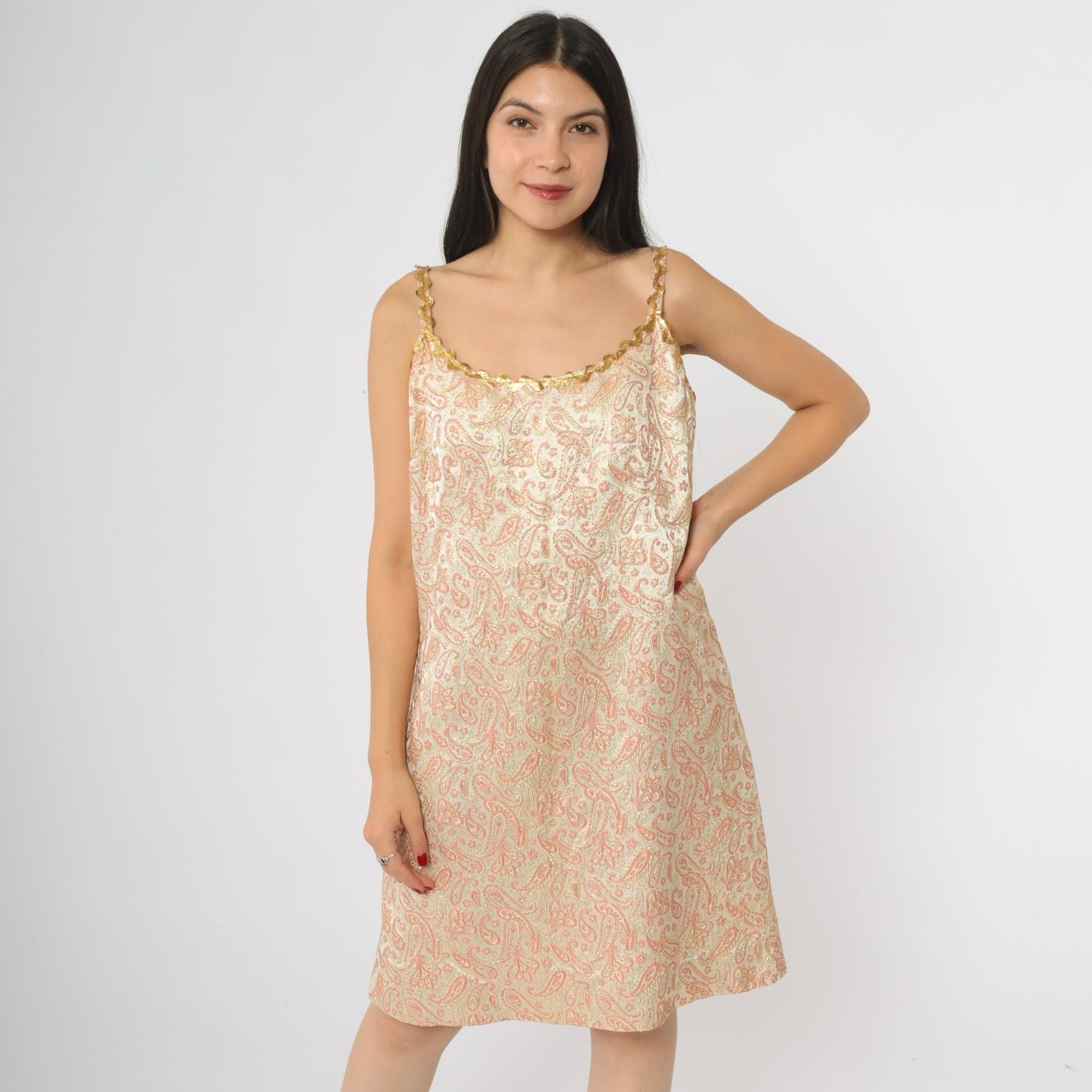 60s Paisley Slip Dress Pink Gold Metallic Mini A-Line Mod Large L