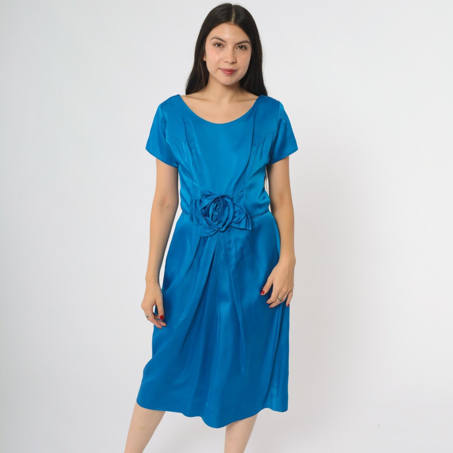 60s Royal Blue Cocktail Dress Rose Belt A-Line Scoop Neck Large L