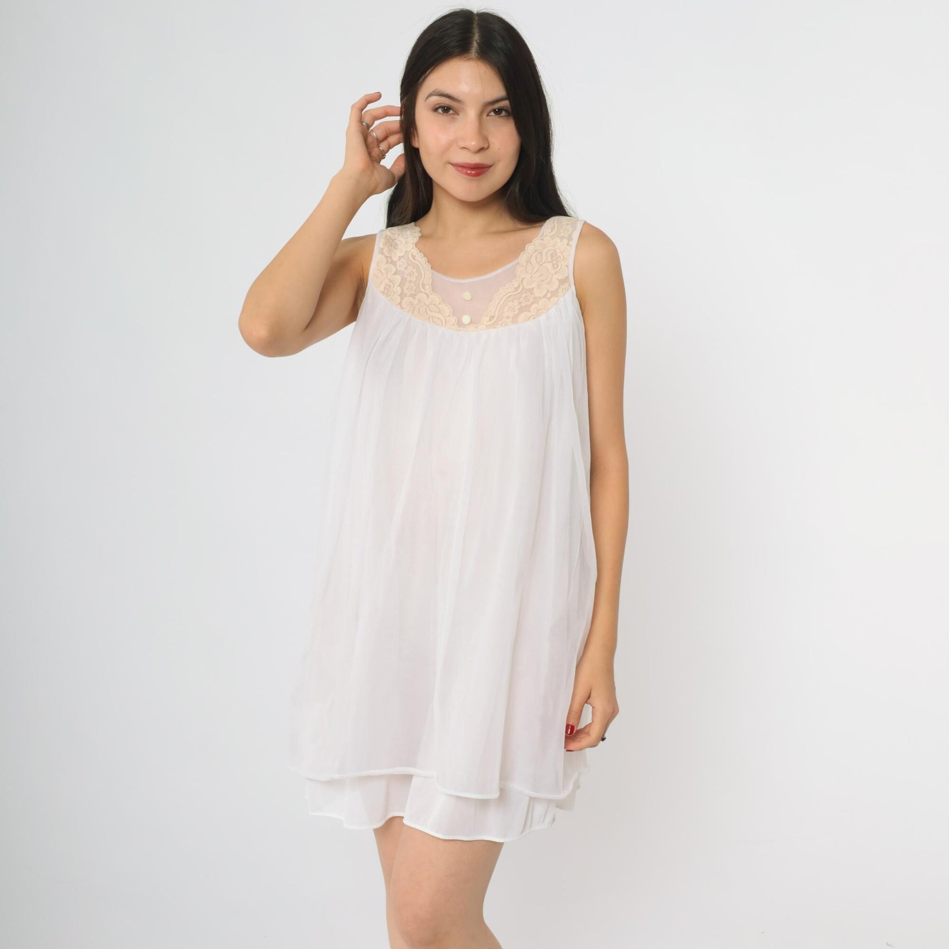 70s White Nylon Babydoll Nightgown Lace Yoke Sleeveless Knee-Length Medium