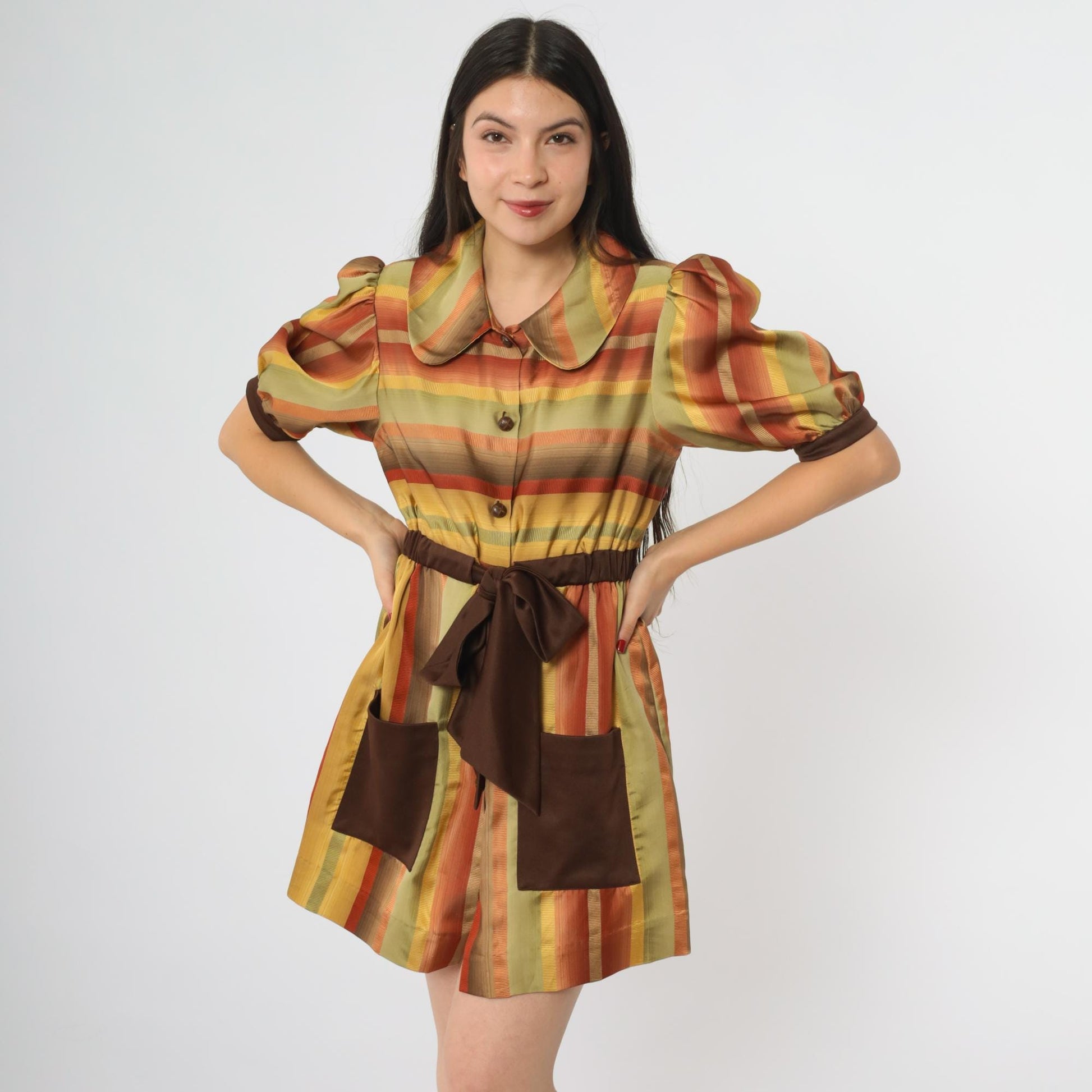 70s Rainbow Striped Mini Dress Brown Orange Yellow Puff Sleeve Peter Pan Collar Small