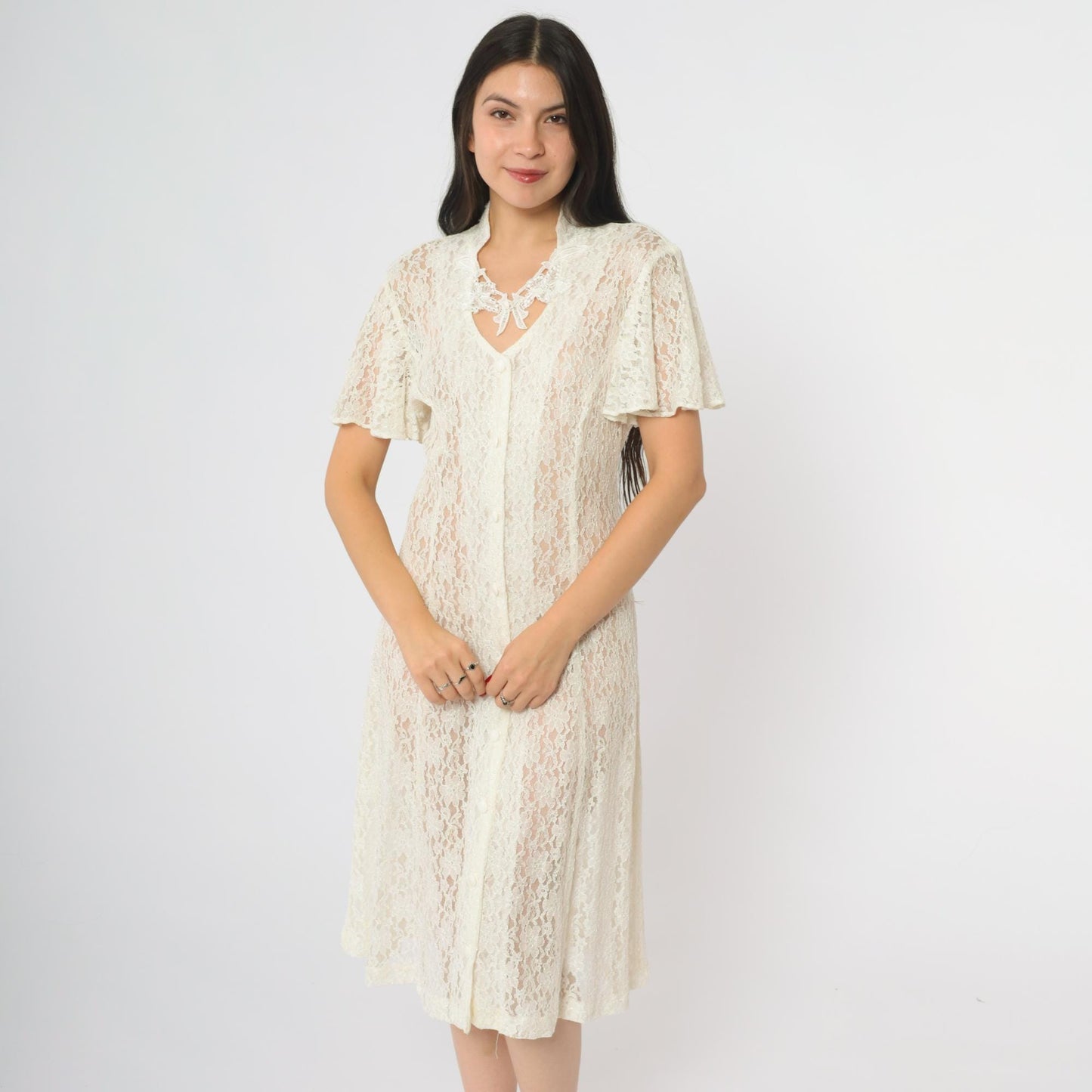 90s Dawn Joy Fashions White Lace Midi Dress V-Neck Bow Floral Medium