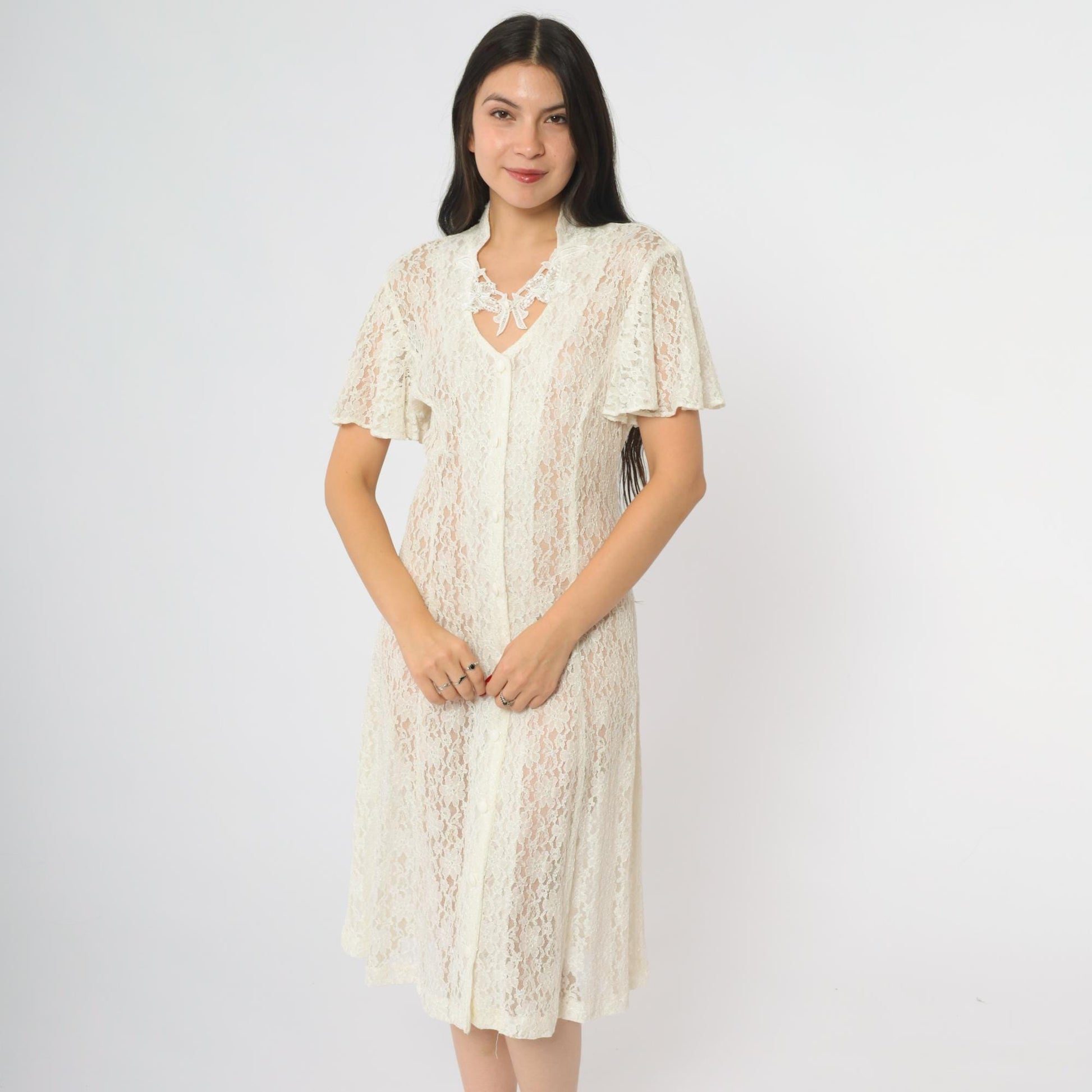 90s Dawn Joy Fashions White Lace Midi Dress V-Neck Bow Floral Medium
