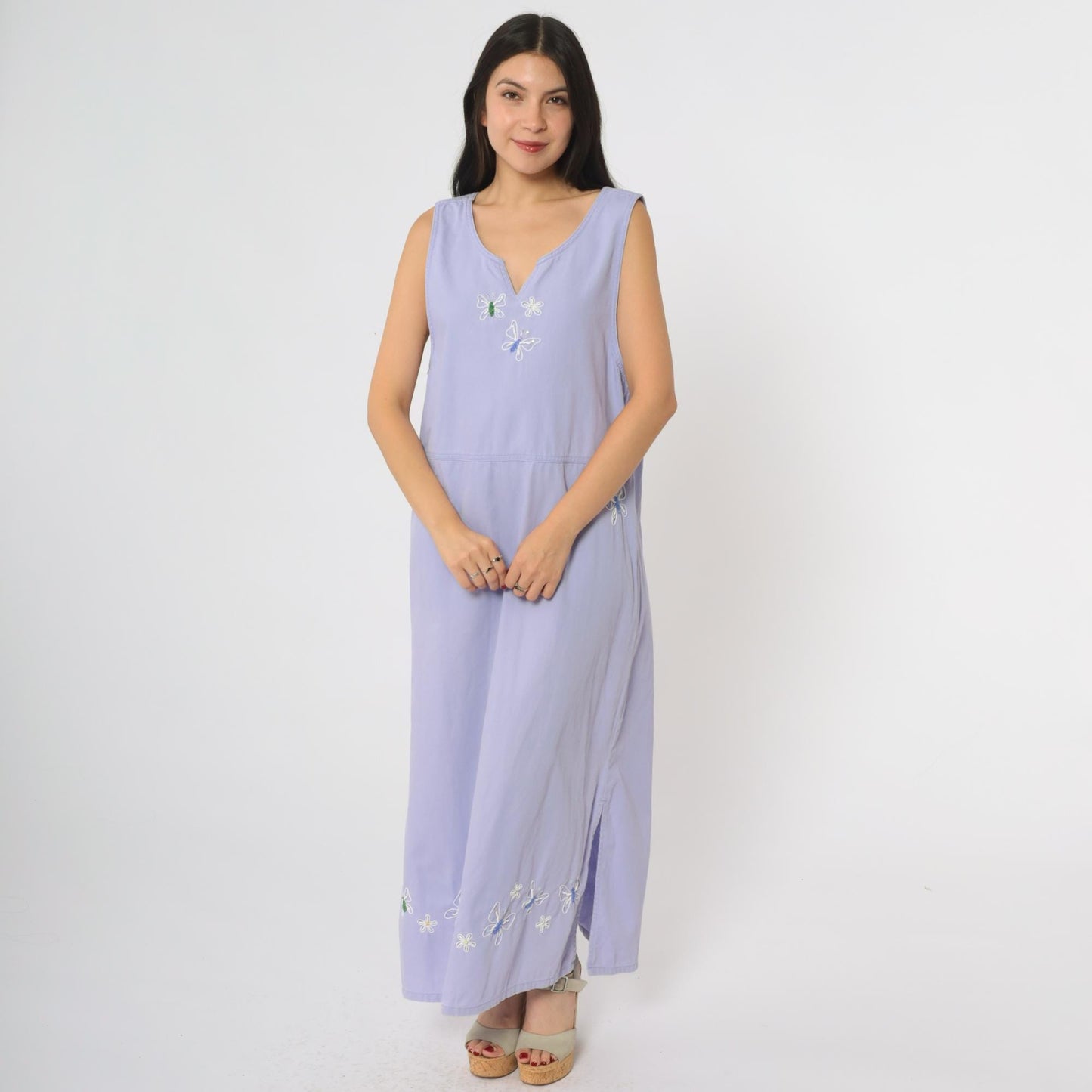 90s Mandal Bay Lavender Maxi Dress Butterfly Embroidery Sleeveless Medium M