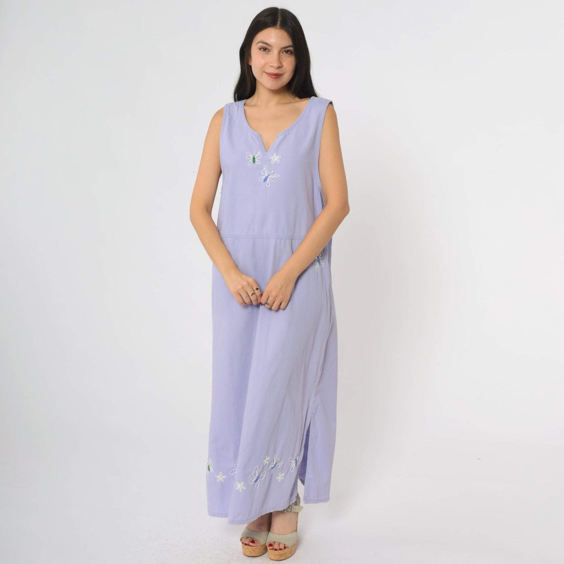 90s Mandal Bay Lavender Maxi Dress Butterfly Embroidery Sleeveless Medium M