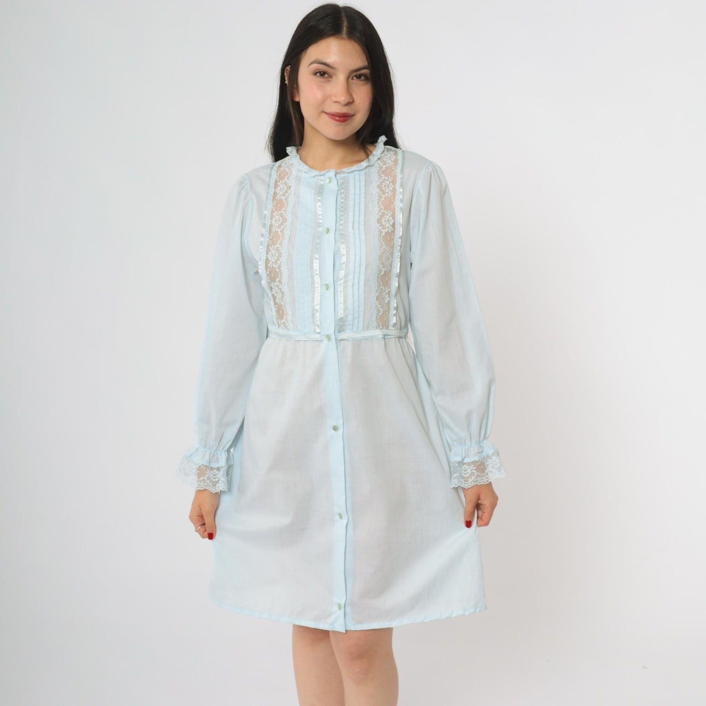 70s Powder Blue Babydoll Dress Lace Trim Puffy Sleeve Empire Waist Medium