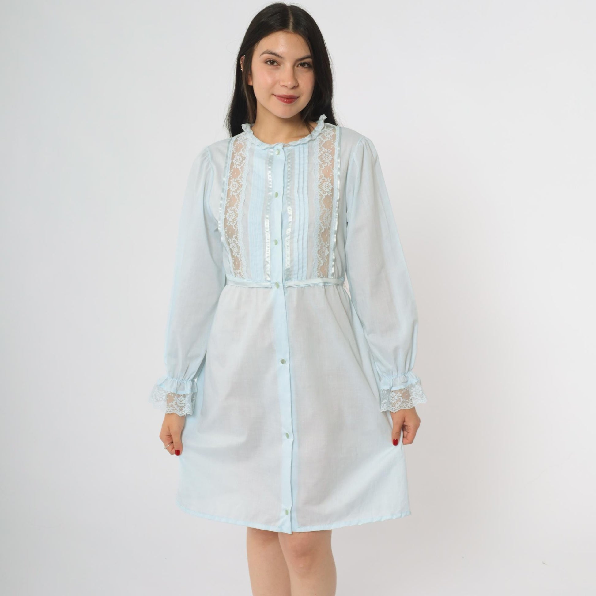 70s Powder Blue Babydoll Dress Lace Trim Puffy Sleeve Empire Waist Medium