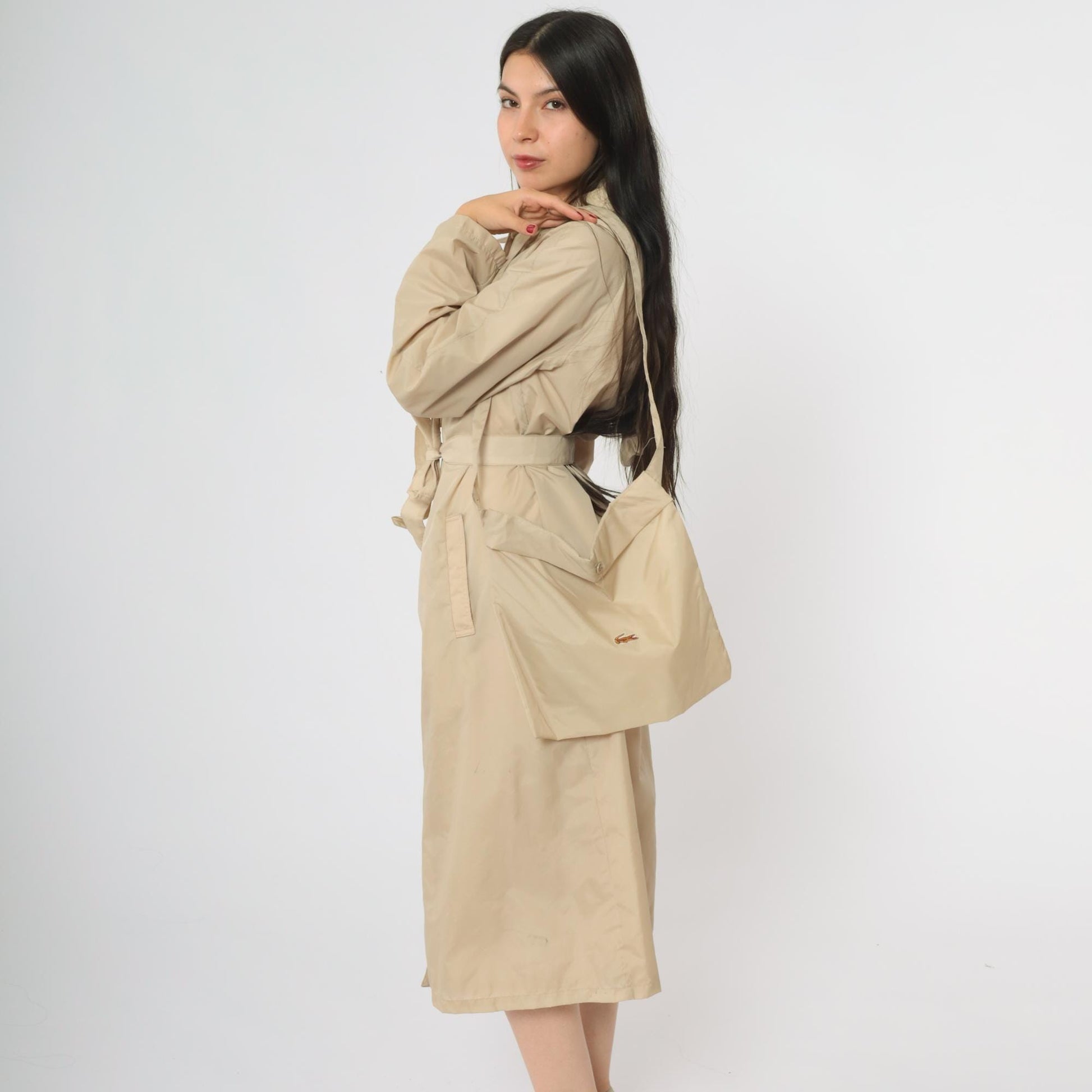 80s Lacoste Alligator Tan Nylon Trench Coat Midi Length Medium