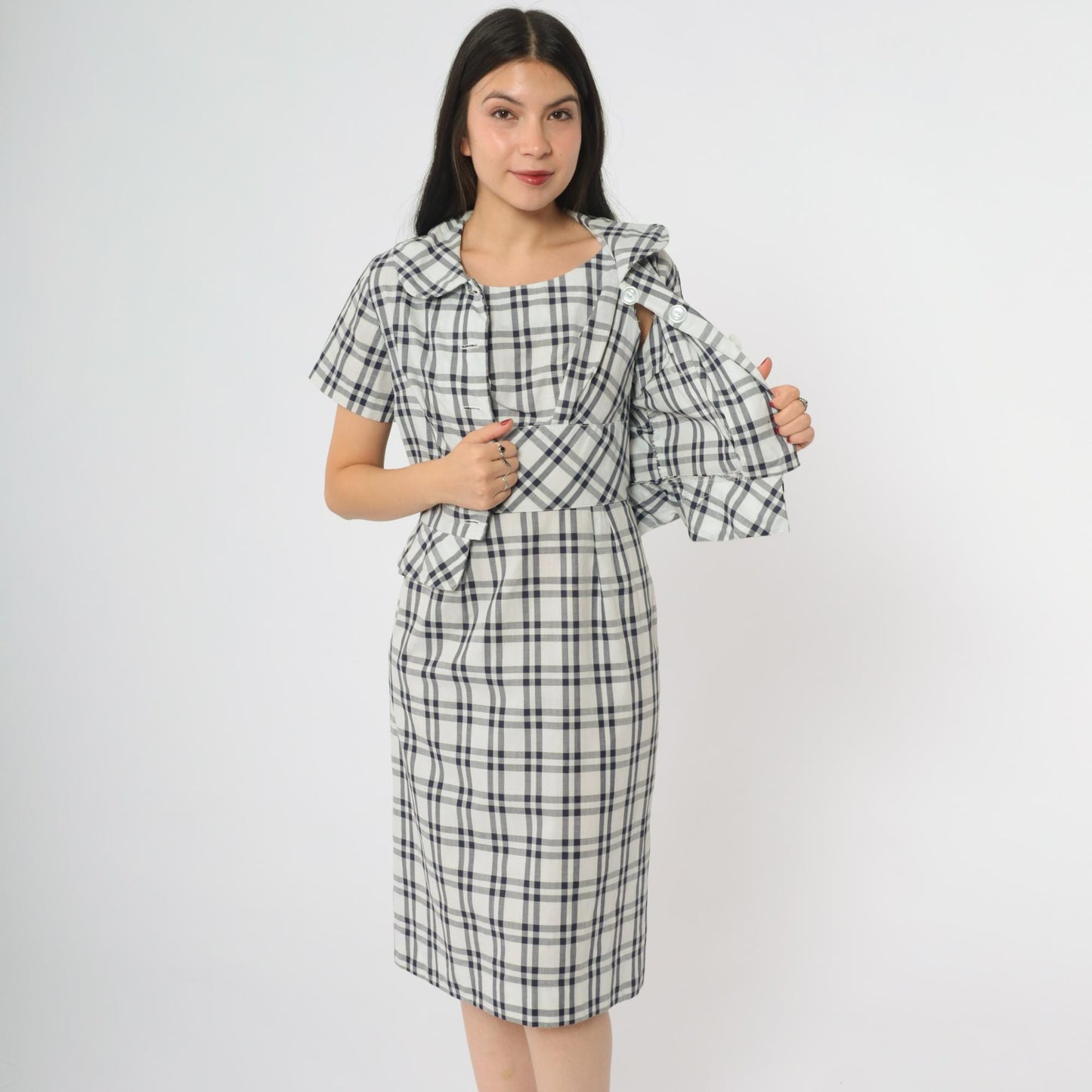 60s Betty Barclay Plaid Two Piece Set Navy White Check Jacket Dress XS