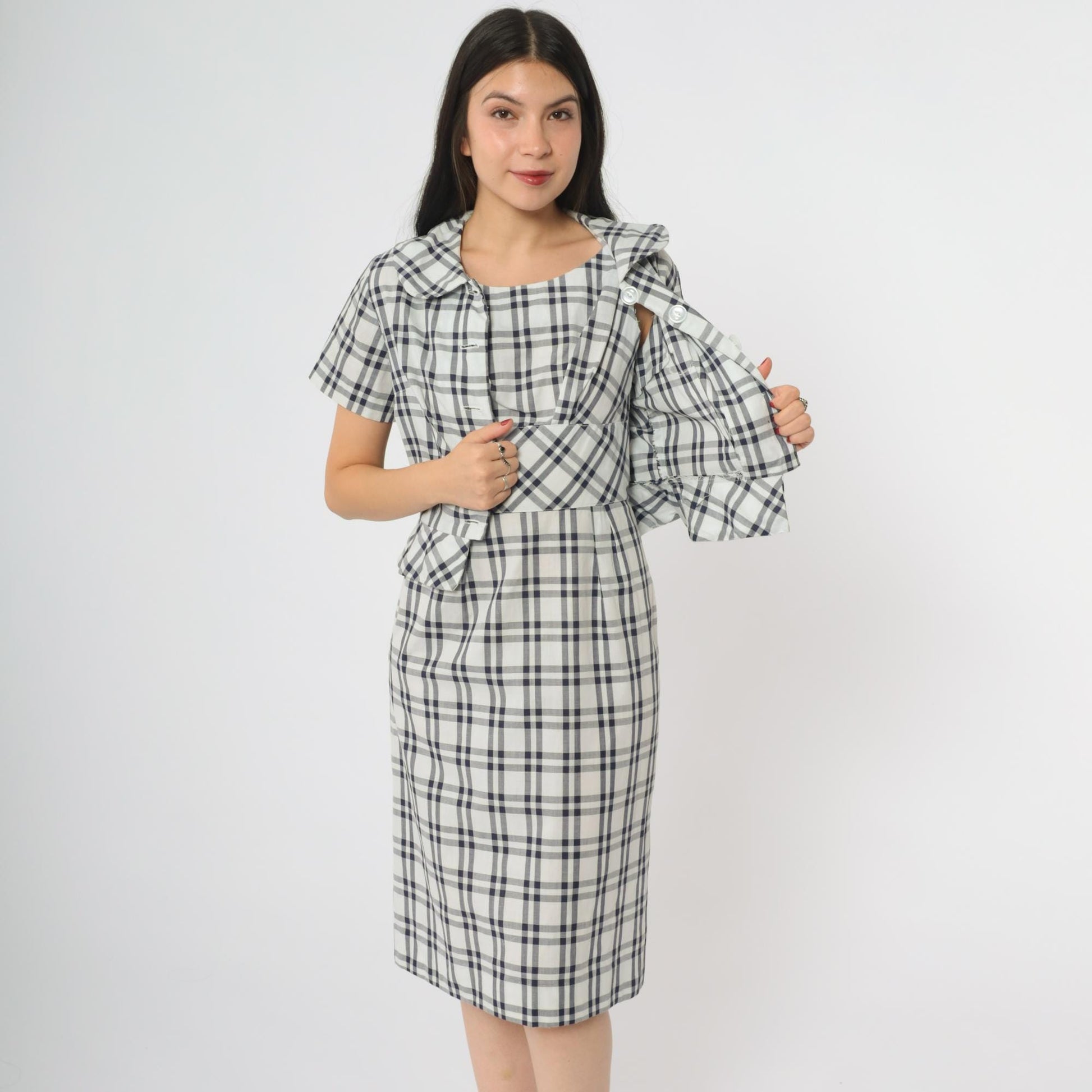 60s Betty Barclay Plaid Two Piece Set Navy White Check Jacket Dress XS