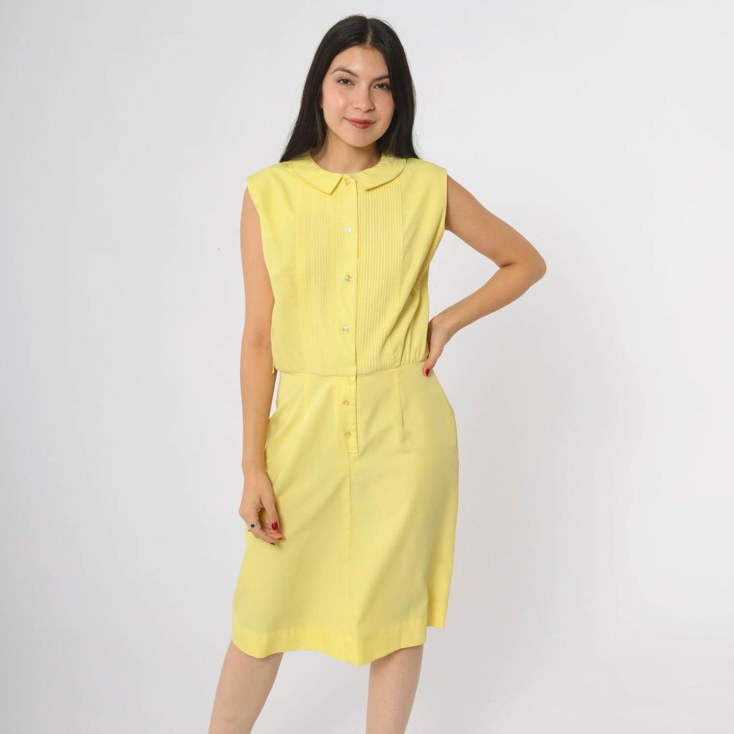 60s Yellow Lady Bird Shift Dress Peter Pan Collar A-Line Knee Length Medium