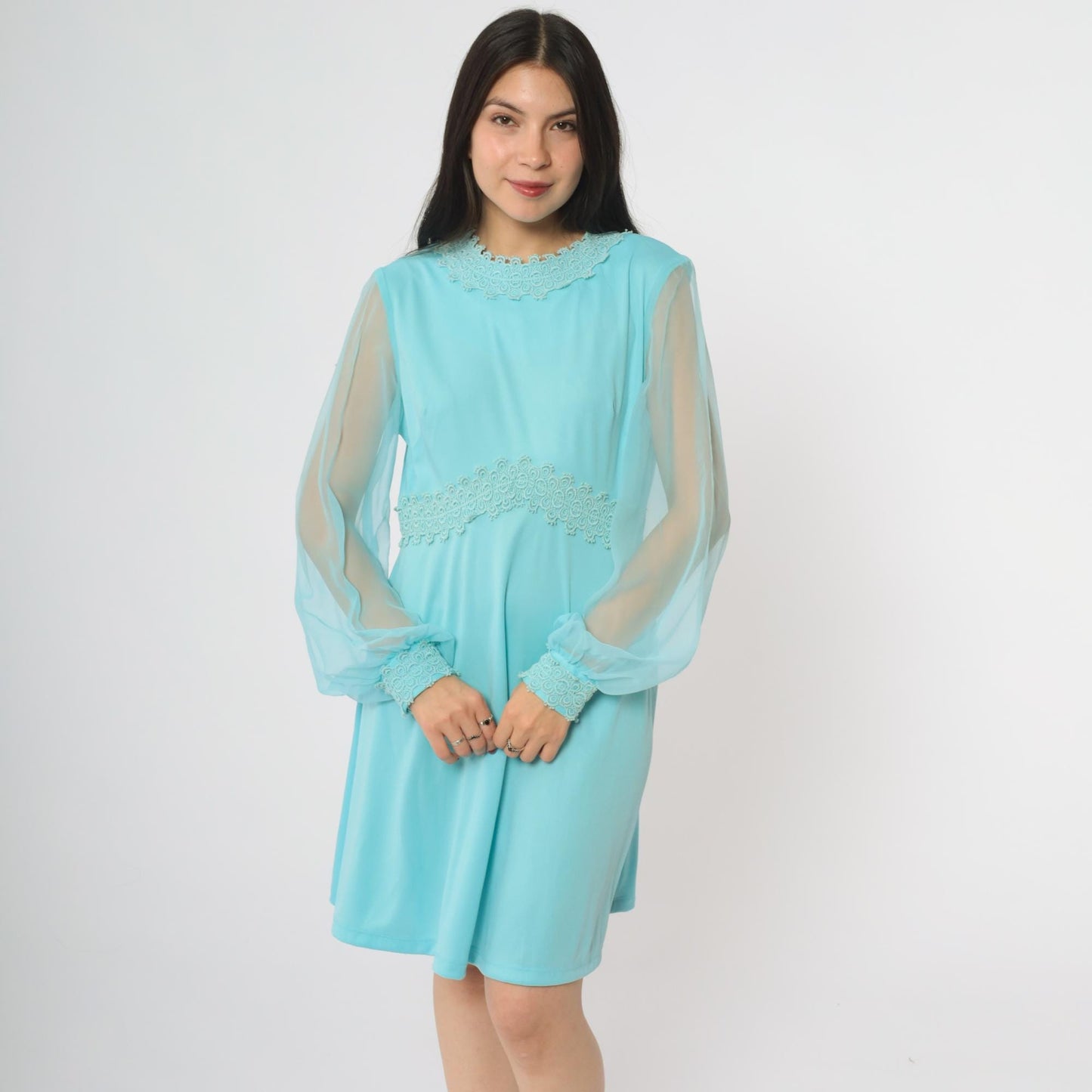 70s Turquoise Mini Dress Empire Waist Lace Trim Long Sheer Sleeves Large L