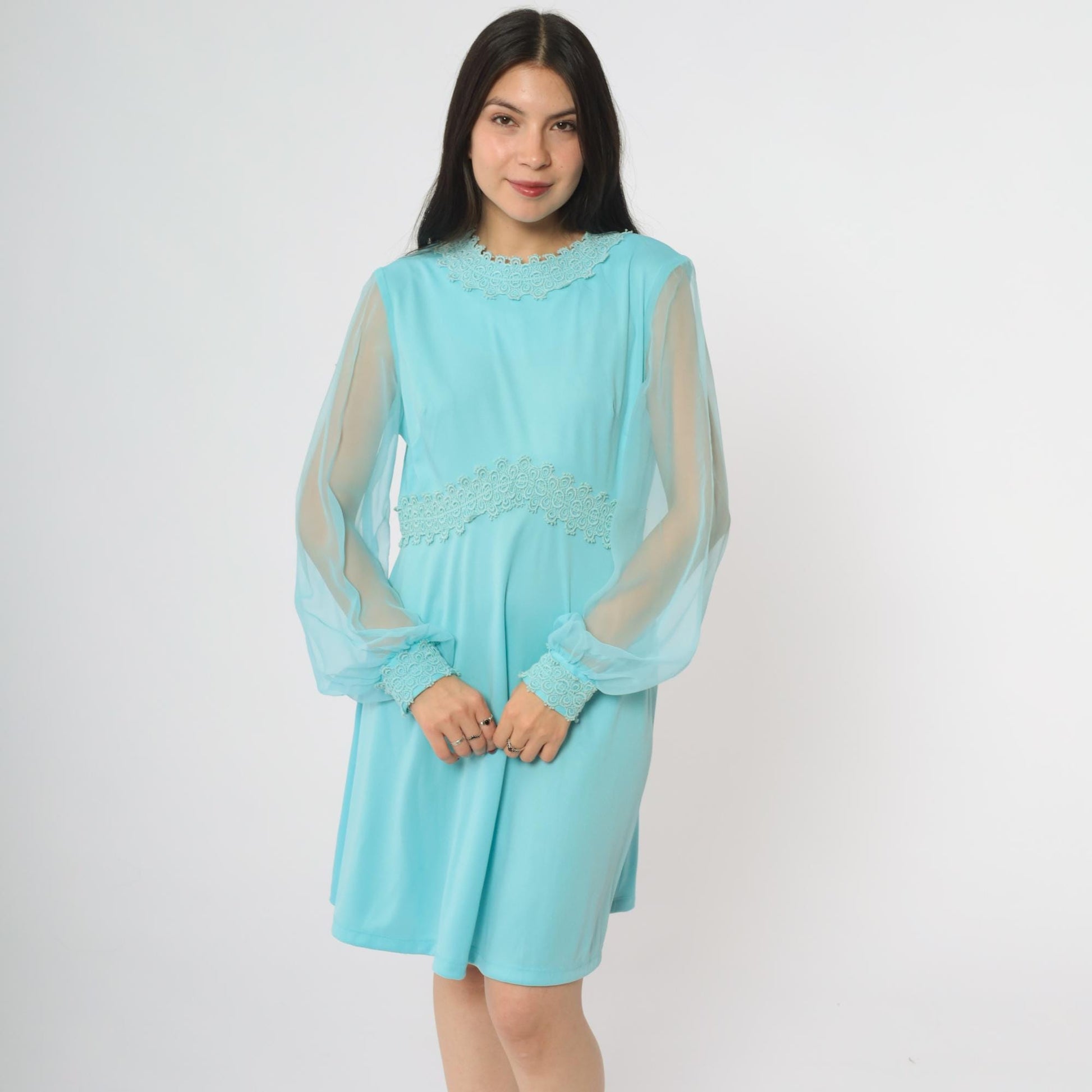70s Turquoise Mini Dress Empire Waist Lace Trim Long Sheer Sleeves Large L