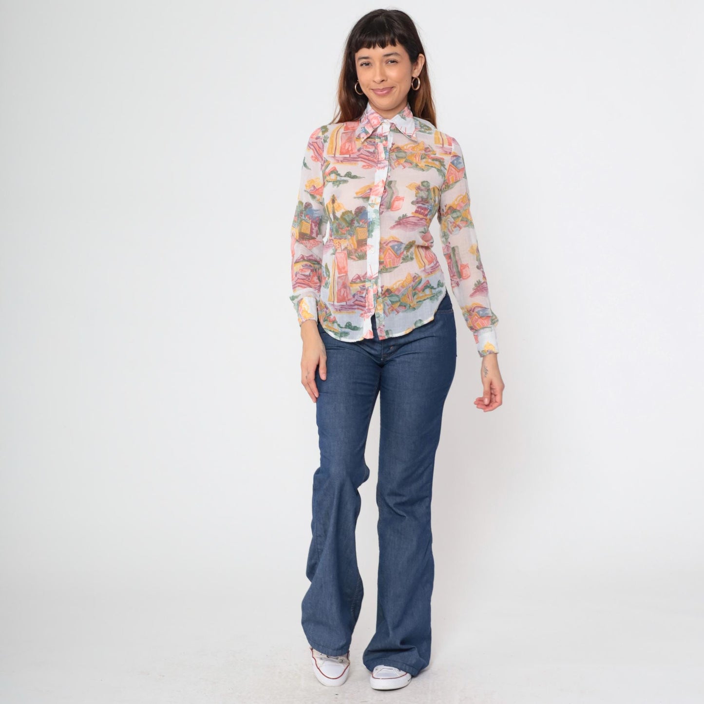70s Ship N Shore Watercolor Landscape Blouse Sheer Button Up Small