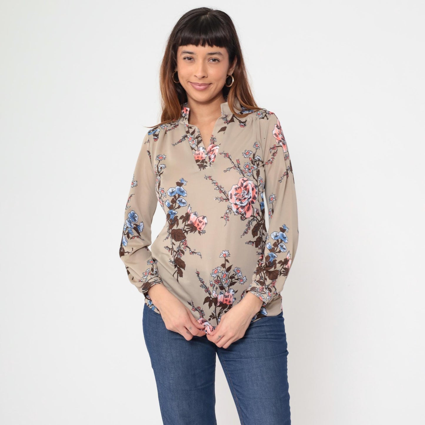 70s Botanical Rose Print Pullover Blouse Long Sleeve Pink Blue Tan Medium M