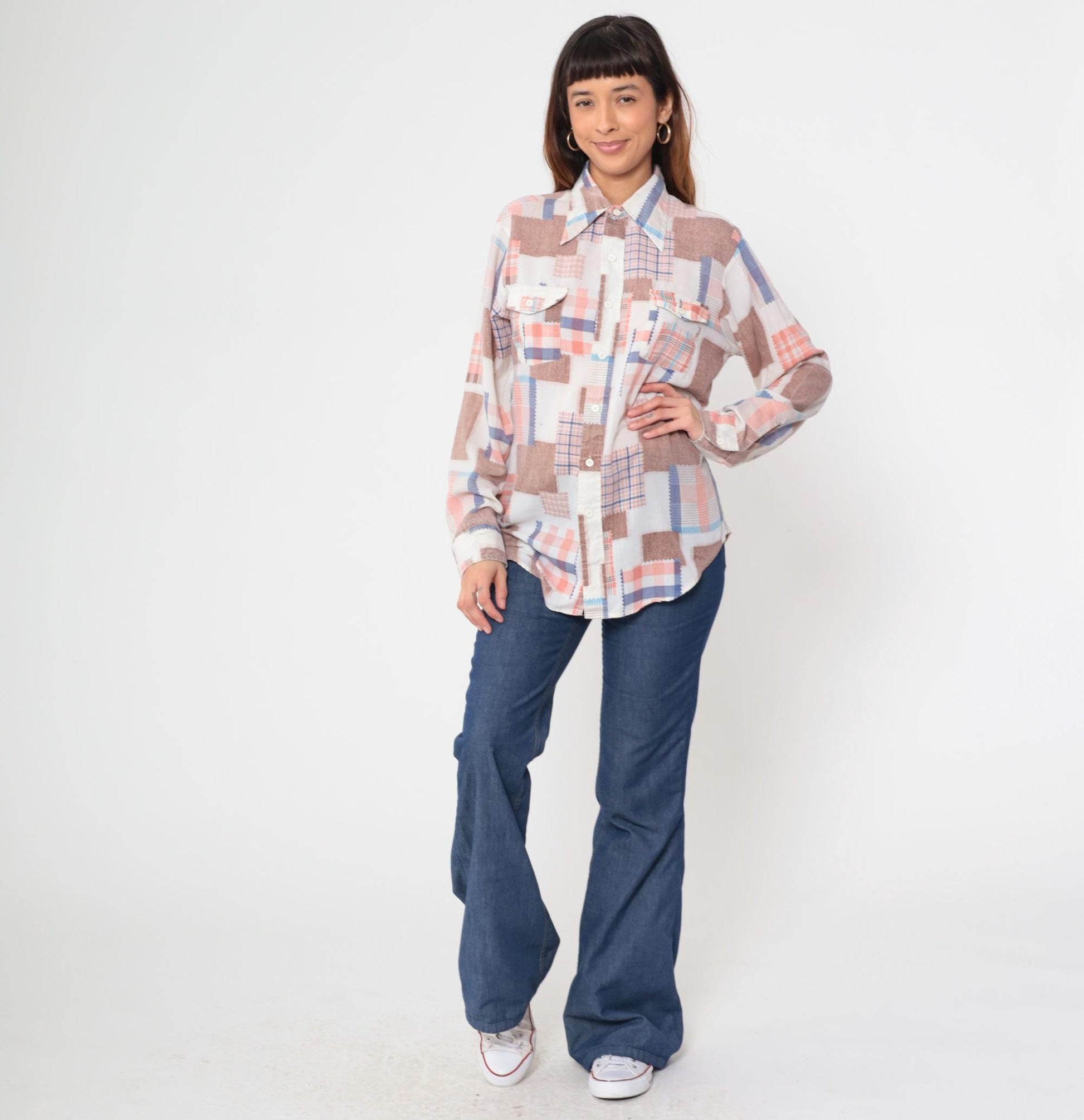 70s Patchwork Button Up Shirt Fabric Swatch Quilt Print Coral Blue Brown Large