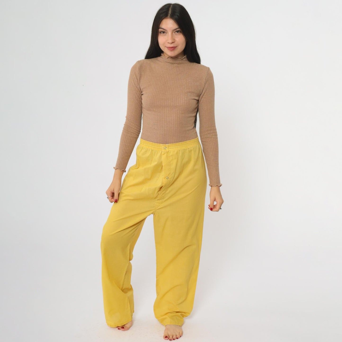 80s Yellow Pajama Pants Elastic Waist Button Fly Loungewear Large L