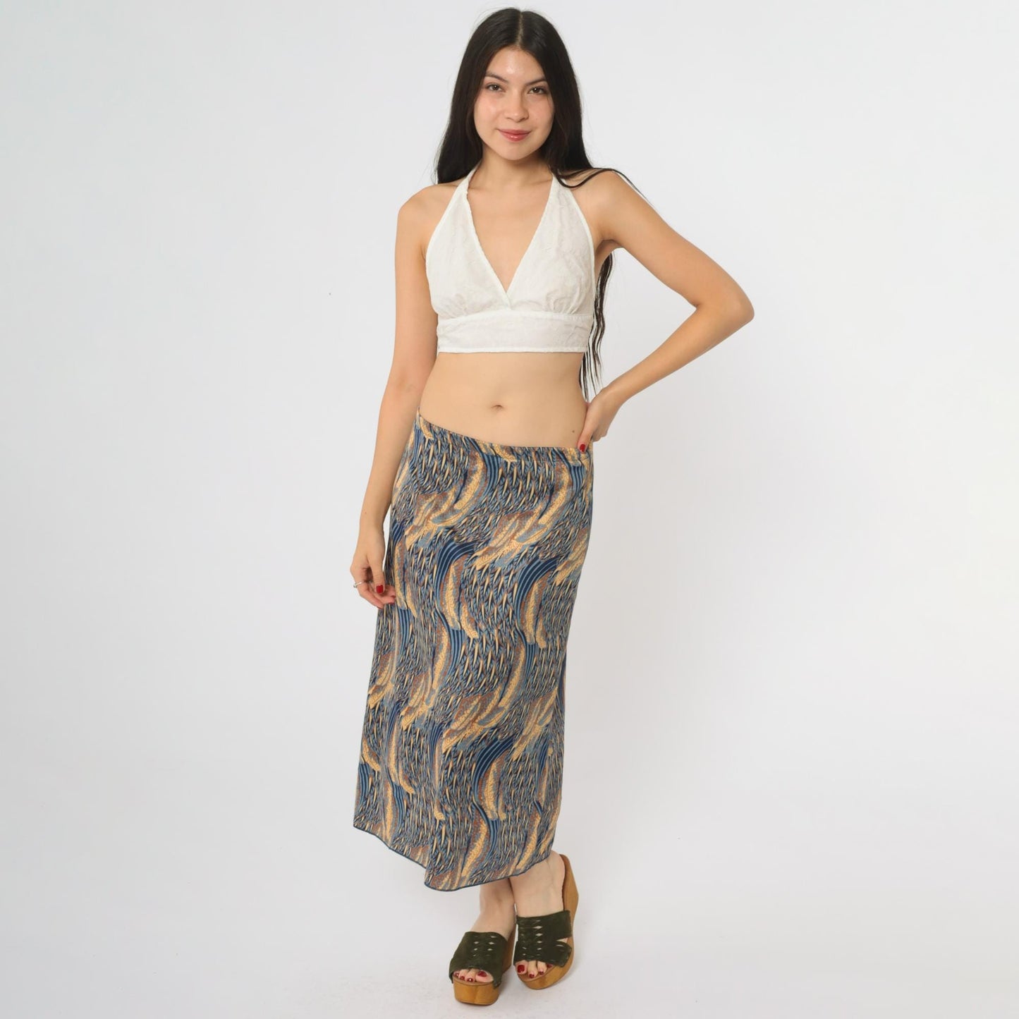 70s Abstract Midi Skirt Blue Gold Swirl Elastic Waist Medium M