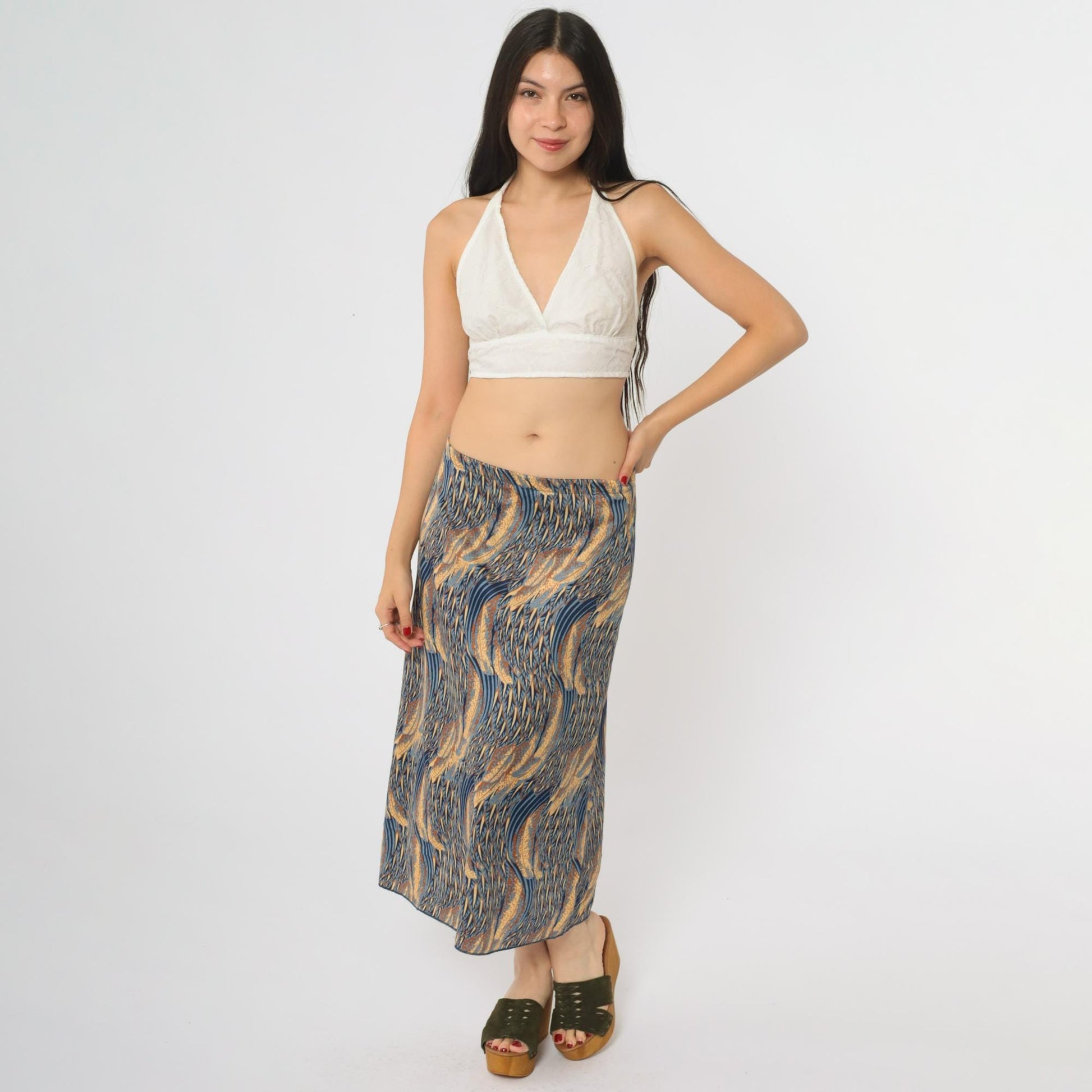 70s Abstract Midi Skirt Blue Gold Swirl Elastic Waist Medium M